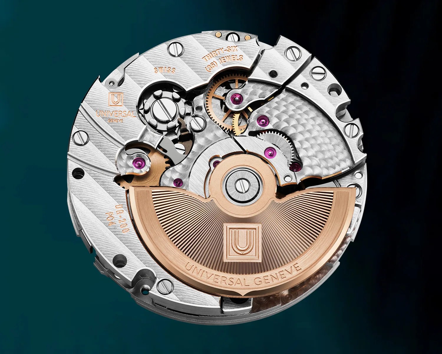 Close-up of a Universal Gen&egrave;ve watch movement with gold rotor and visible gears on a dark background.