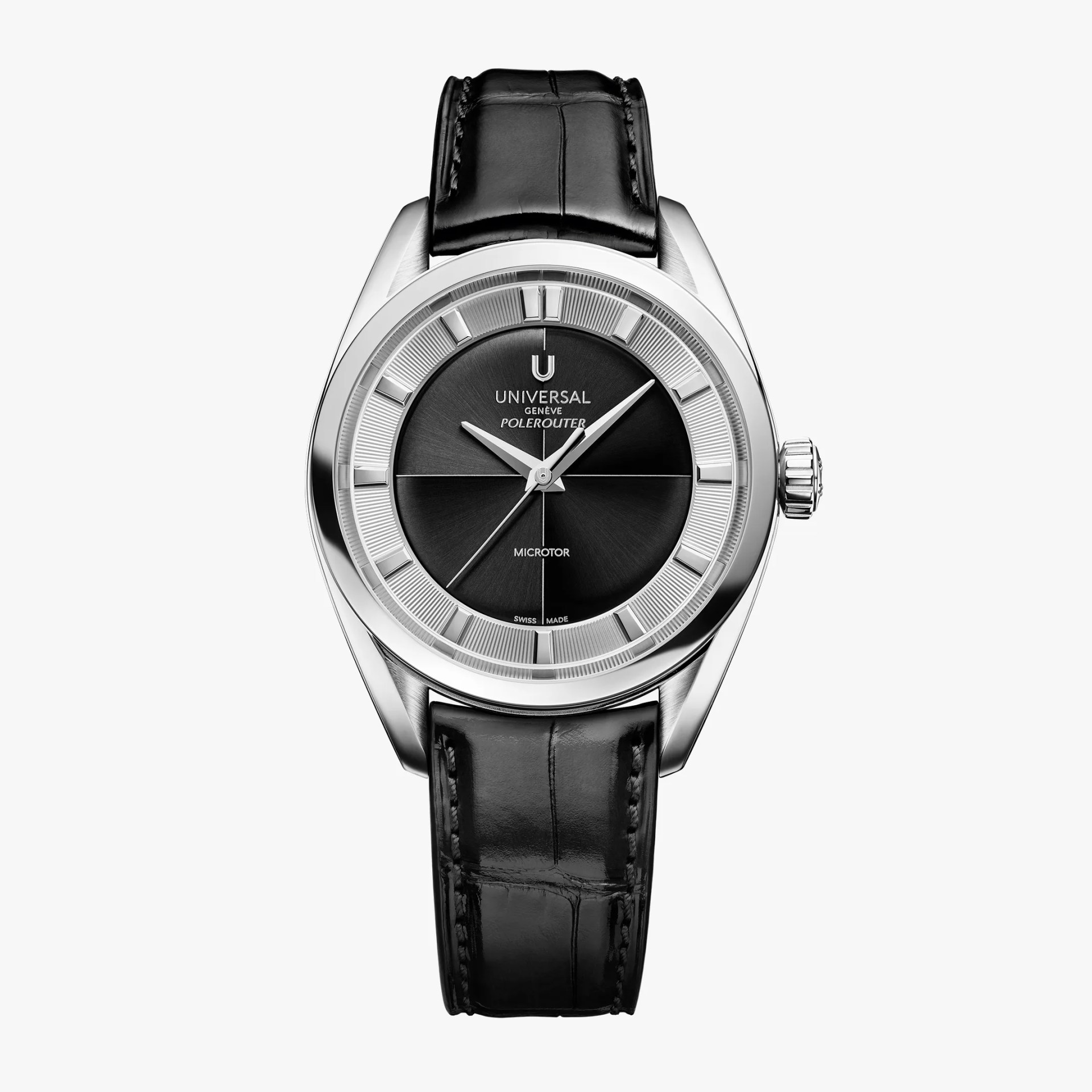 Silver Universal Gen&egrave;ve Polerouter wristwatch with black textured dial and black leather strap.