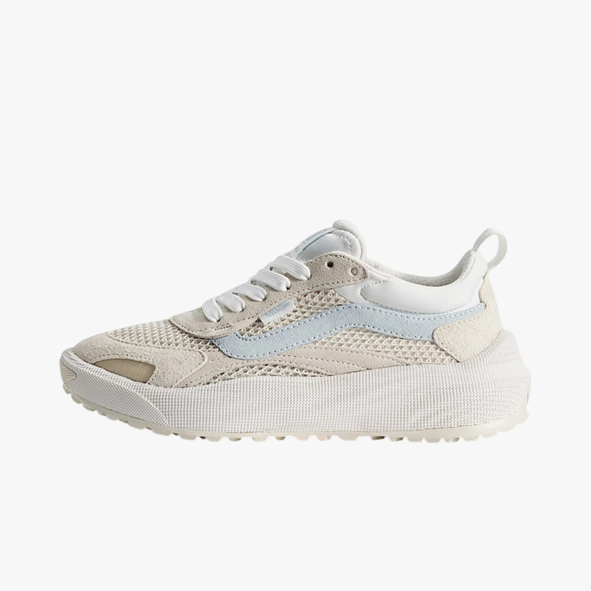 Beige and light blue Vans sneaker with mesh and suede upper and thick white sole.