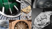 Collage of luxury watch close-ups including a green Rolex dial, gold movement with "50 1976-2026," rose gold Chopard dial, and silver IWC watch with multiple subdials.