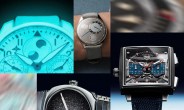 Collage of five watches including a glowing blue dial with calendar, a minimalist silver watch with blue hands and gray strap, a close-up of a textured black dial with silver case, a square TAG Heuer Monaco chronograph with blue subdials and red accents, and a blurred close-up of watch gears.