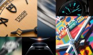 Close-up collage of luxury watch details including Tudor Monarch dial, Rolex colorful dial with hands, luminescent watch face, watch side profile, and blurred watch on wrist.