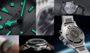 Close-up of Tudor watch dial with green luminescent markers, silver wristwatch with leather strap, side profile of watch with brown leather strap, and back of white IWC Pilot's watch with engraved case back.
