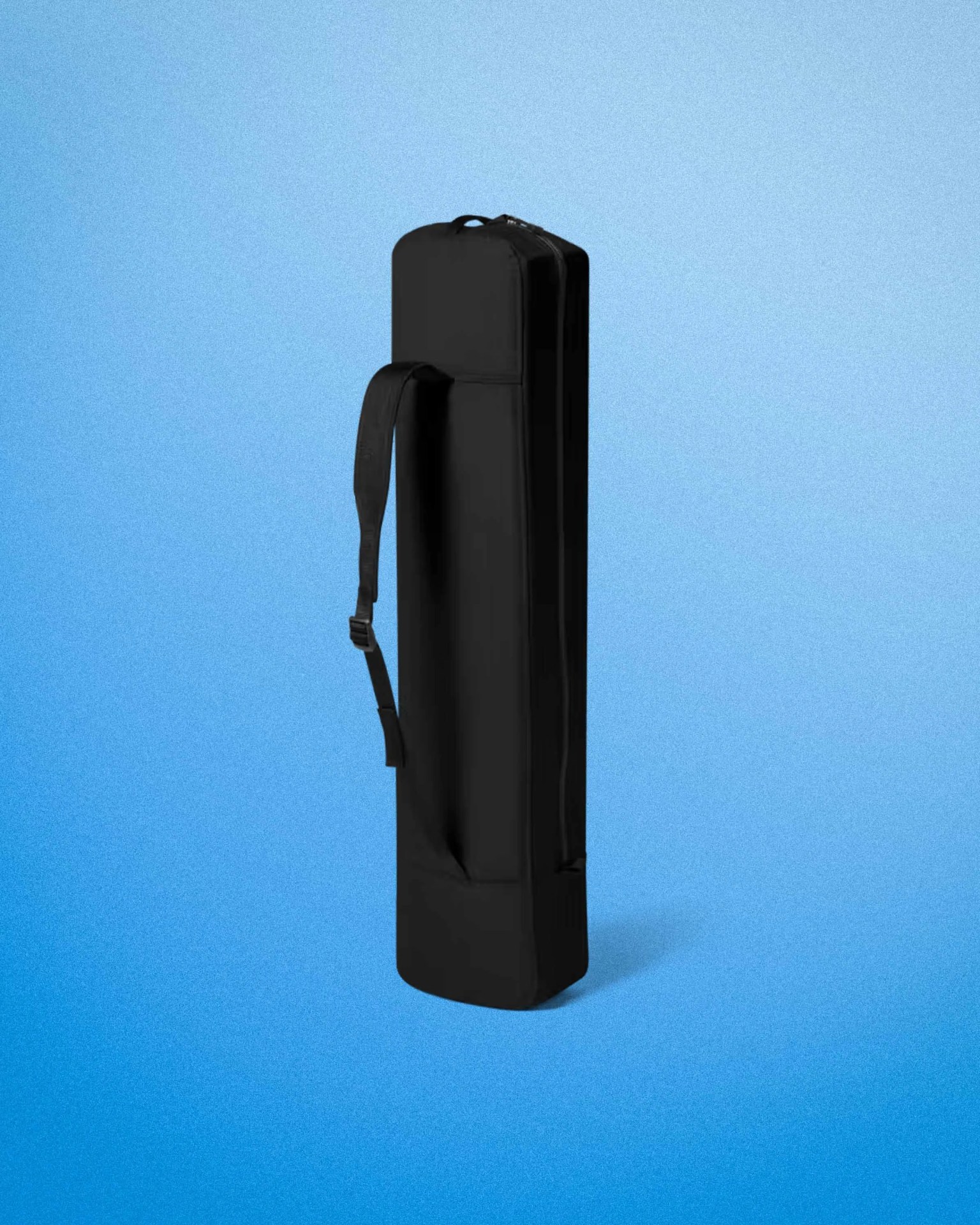 Black rectangular padded carrying case with a shoulder strap against a blue gradient background.