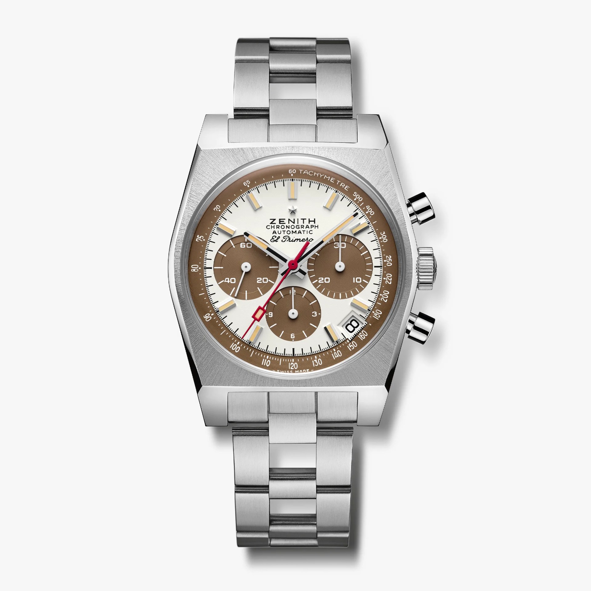 Stainless steel Zenith El Primero chronograph watch with brown subdials and tachymeter scale on a metal bracelet.