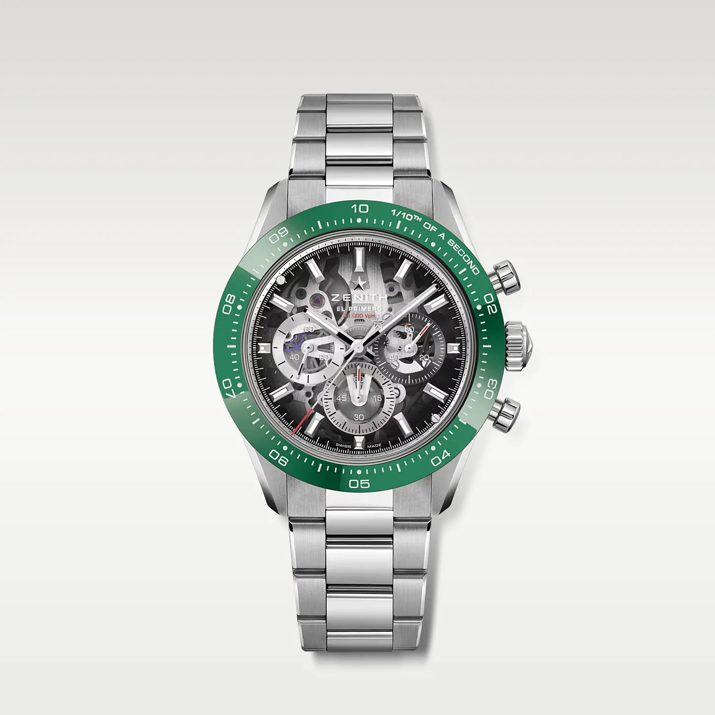 Silver metal bracelet watch with a green bezel and a skeleton dial showing internal mechanics and chronograph subdials.