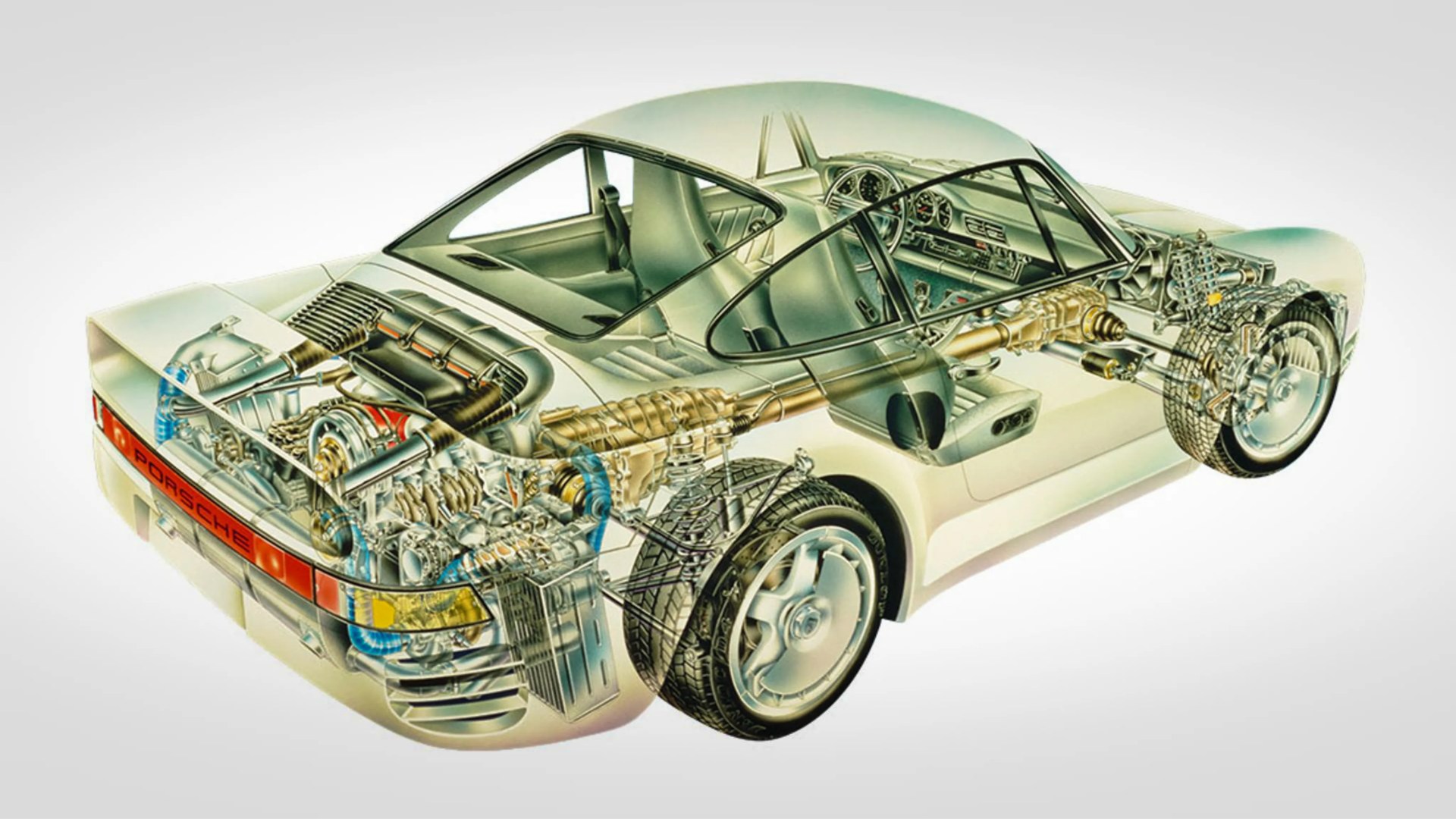 Cutaway illustration of a white Porsche sports car showing internal engine, transmission, suspension, and interior details.