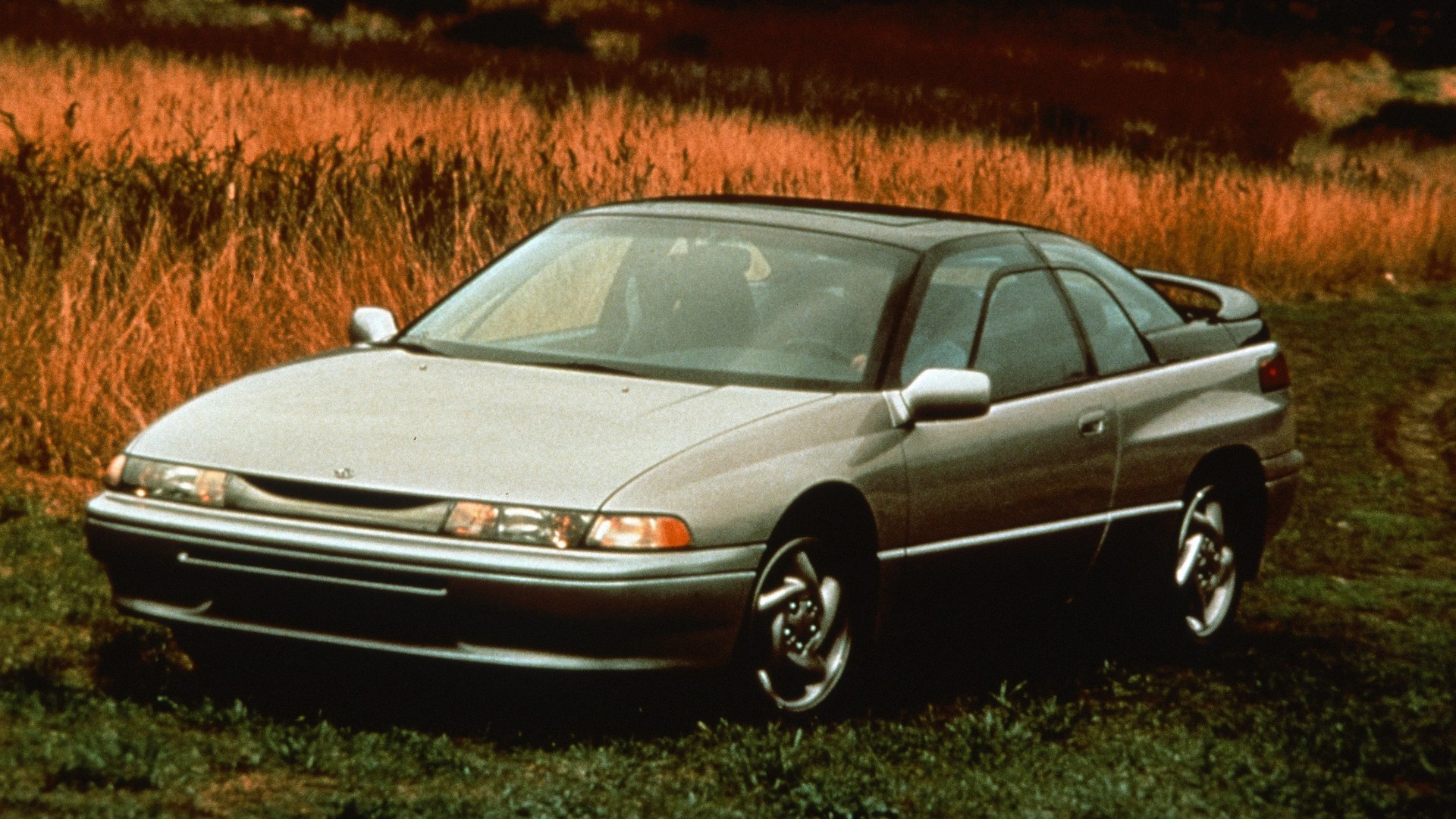 Silver two-door coupe car parked on grass with tall orange-brown grass in the background.