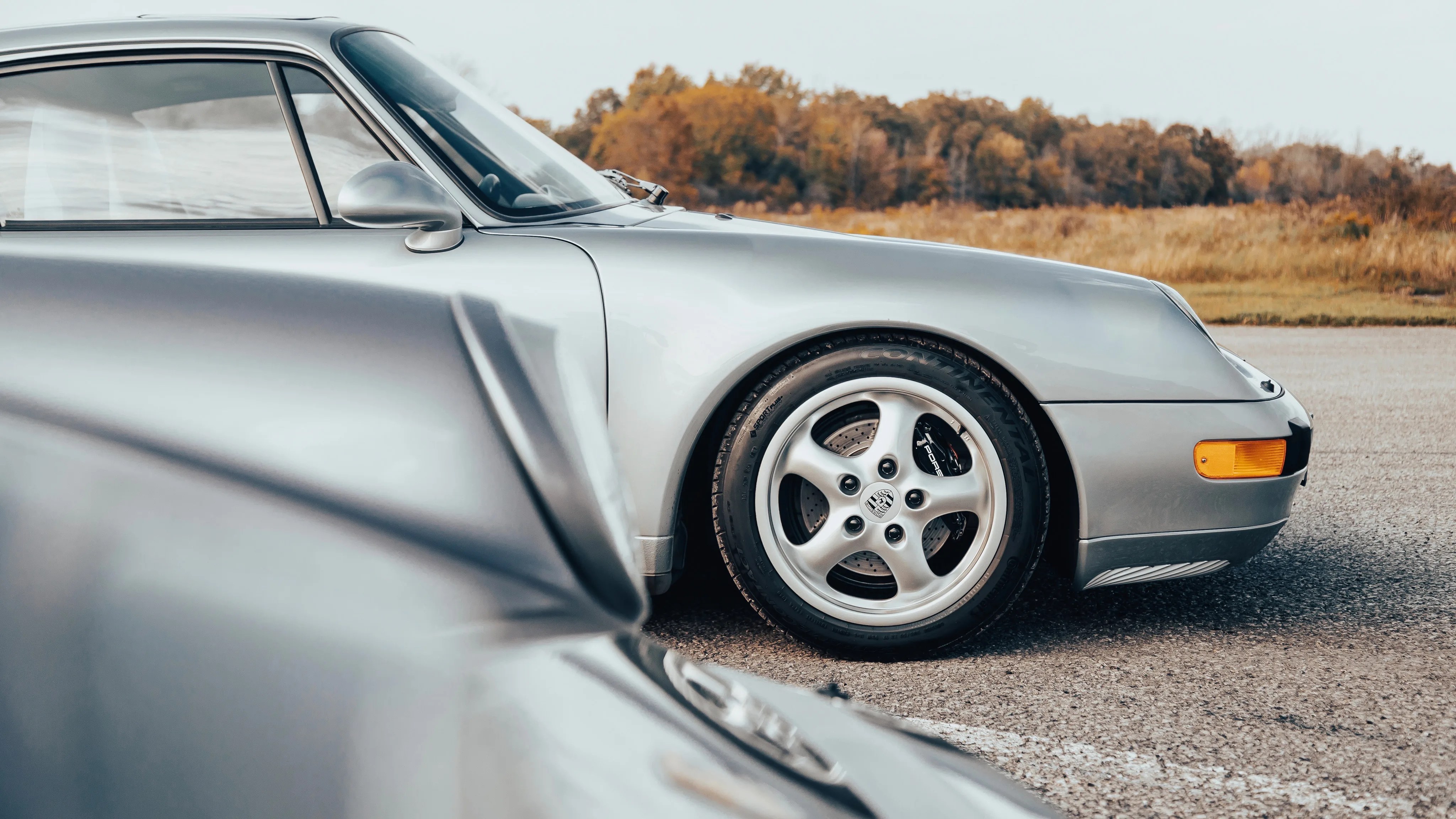 Silver Porsche 911 with visible front wheel and side mirror, parked on asphalt with autumn trees in background.