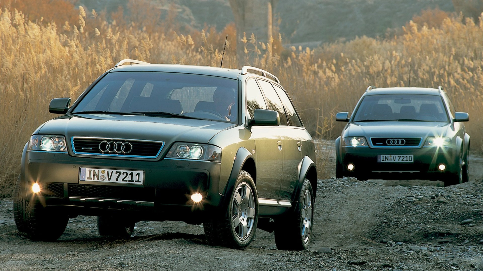 Two green Audi allroad quattro SUVs with headlights on driving on a gravel road with dry tall grass in the background.