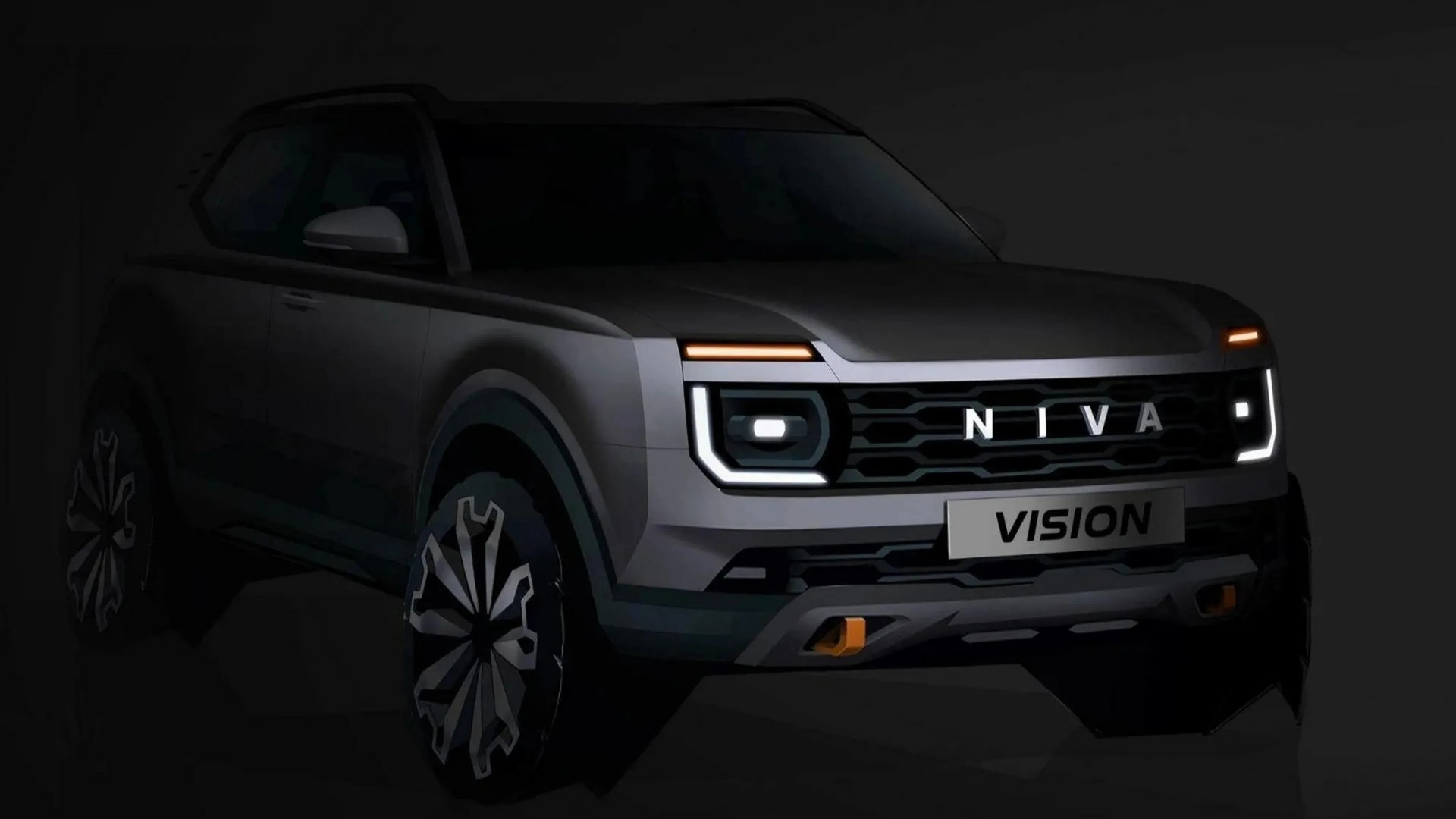 Front view of a gray NIVA Vision SUV with illuminated headlights and modern angular design.