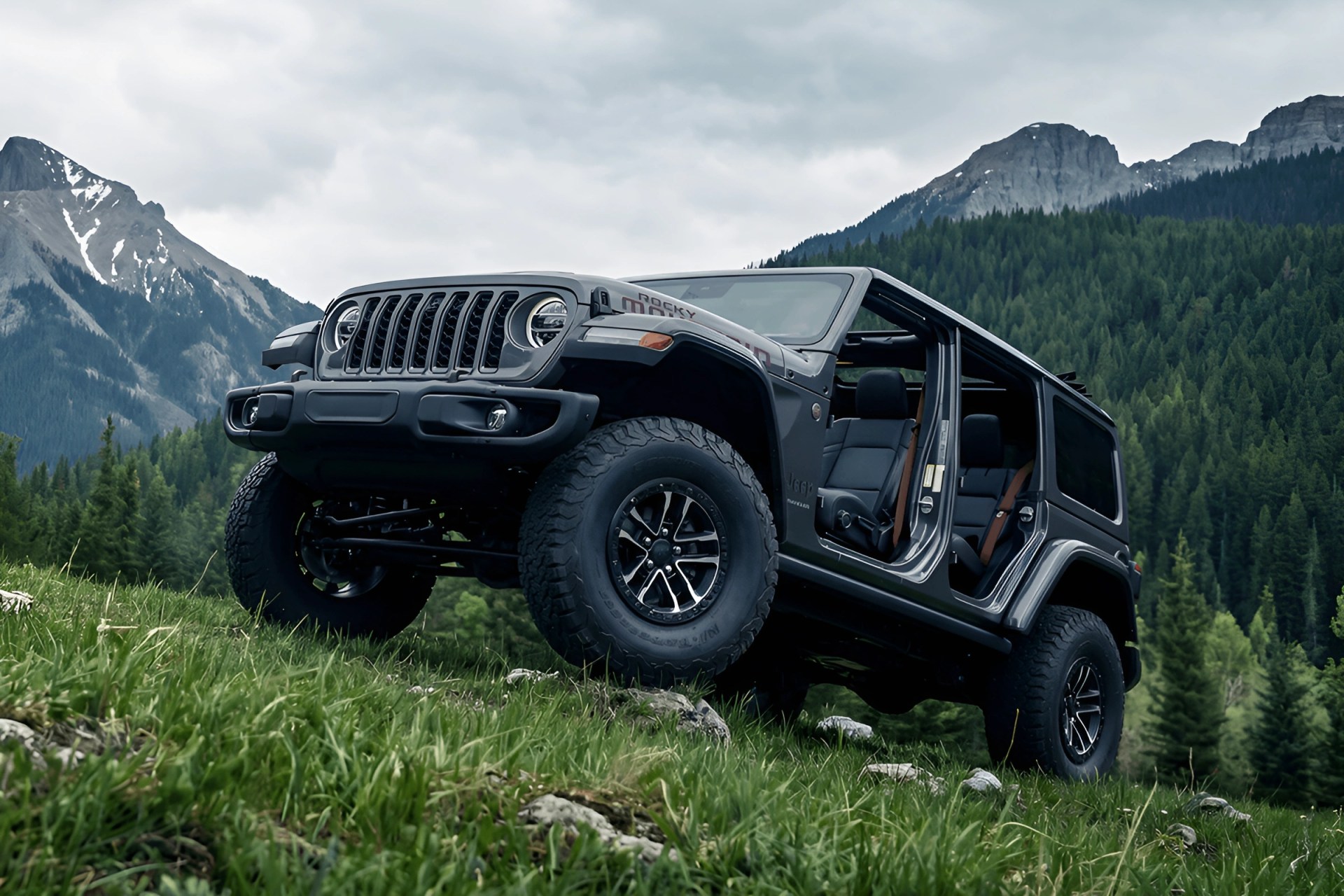Black Jeep Wrangler with open doors on grassy hill with forest and mountains in the background.
