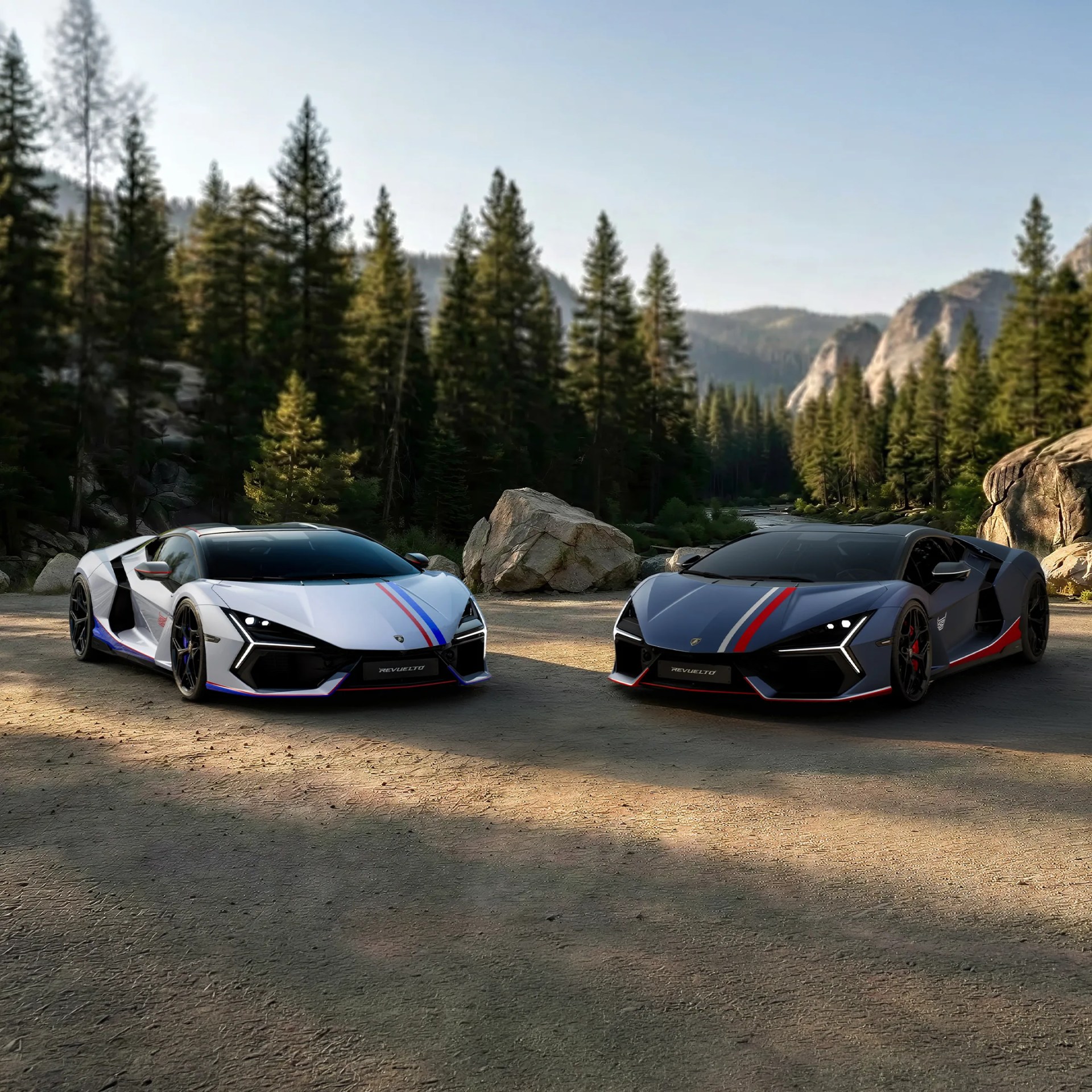 Two Lamborghini Revuelto sports cars, one white with blue and red stripes and one dark gray with red and white stripes, parked on a dirt road surrounded by pine trees and mountains.