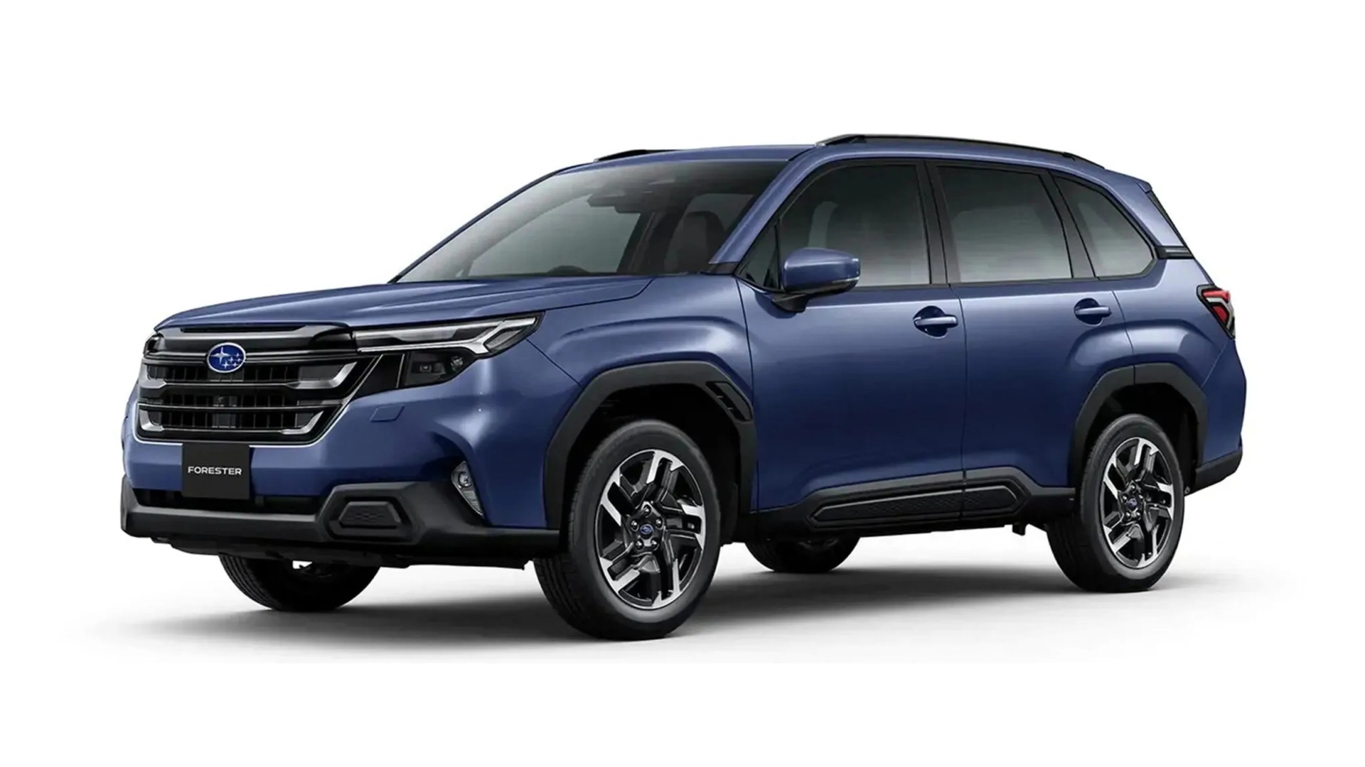 Blue Subaru Forester SUV with black trim and alloy wheels on a white background.