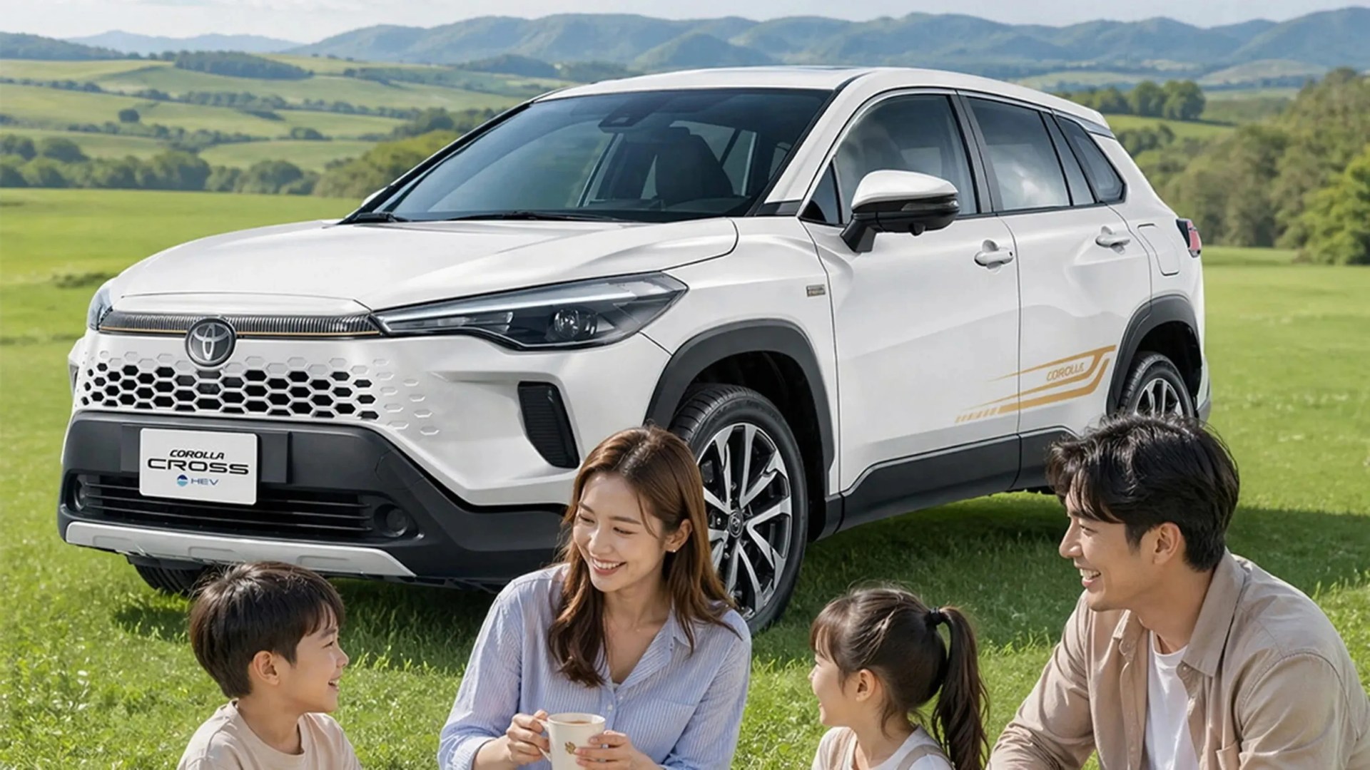 White Toyota Corolla Cross hybrid SUV parked on grass with a family sitting and smiling in front.