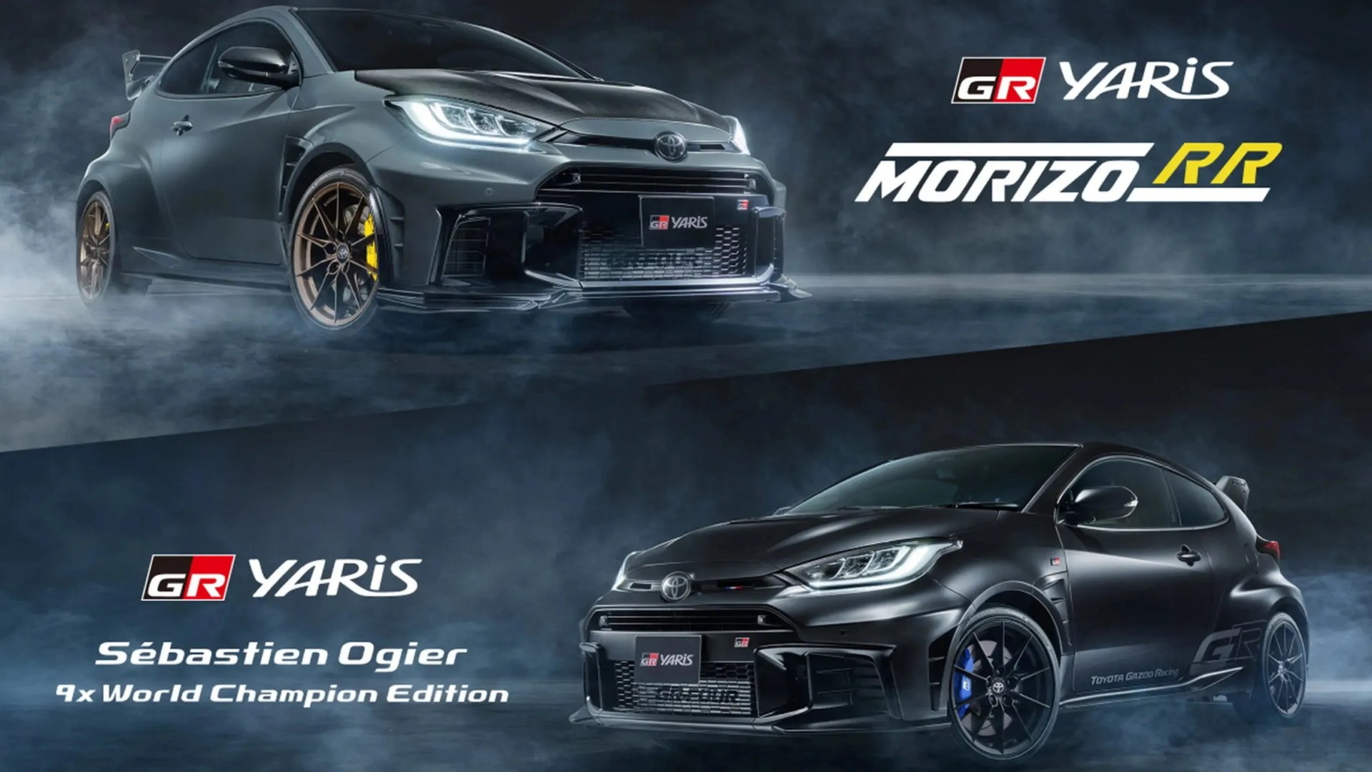 Two black Toyota GR Yaris cars with sporty designs and distinctive wheels, shown with "MORIZO RR" and "Sébastien Ogier 9x World Champion Edition" text.