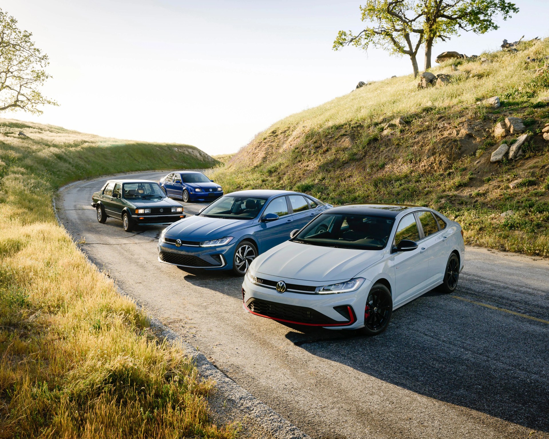 Four Volkswagen sedans in white, blue, and black parked on a winding road with grassy hills and trees.