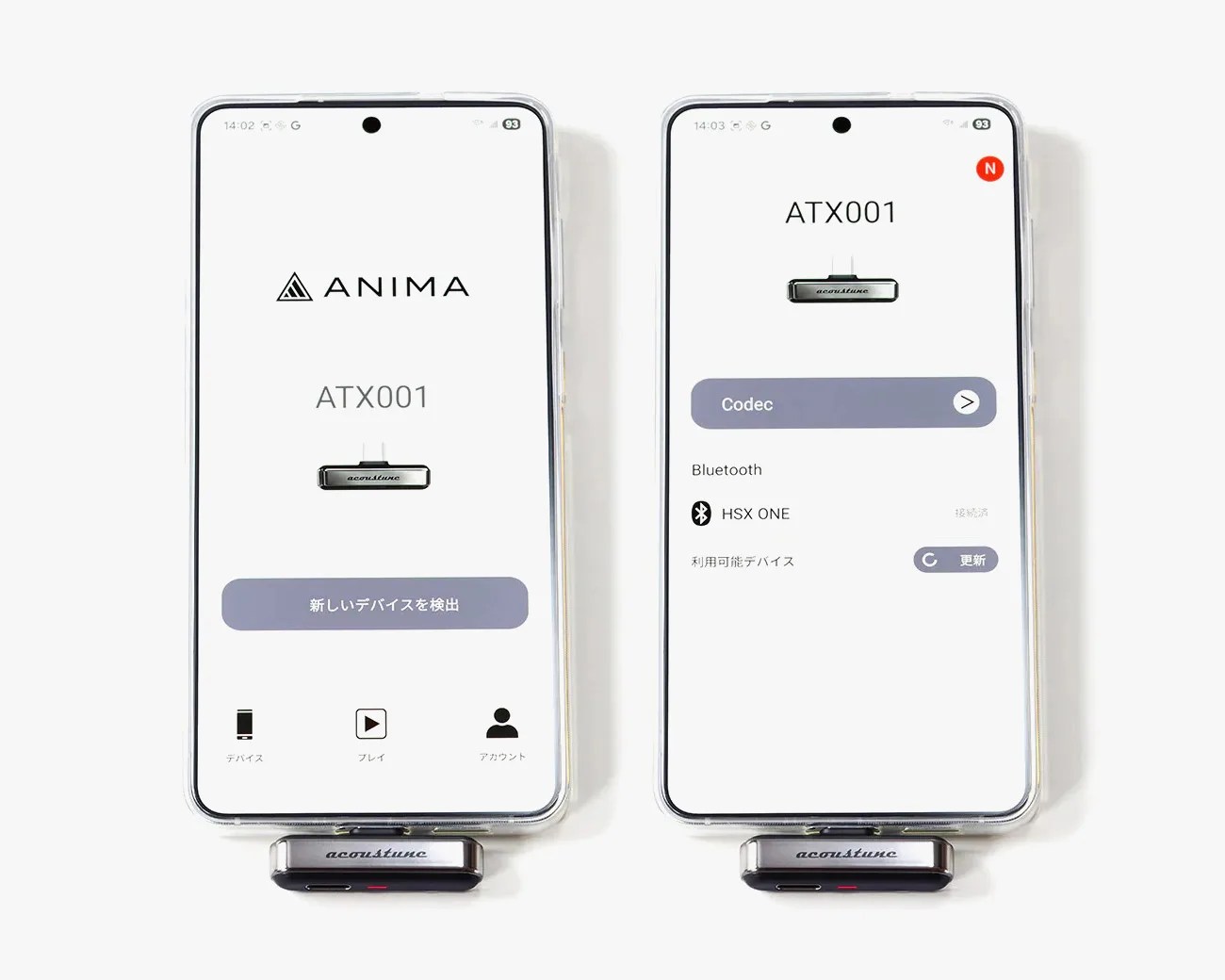 Two smartphones with clear cases show the ANIMA ATX001 device interface, each connected to a small black Acoustune dongle.
