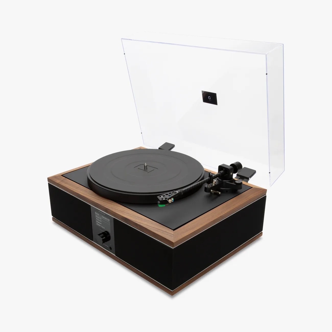 Black and wood-finished turntable with a clear dust cover open, showing the tonearm and platter.