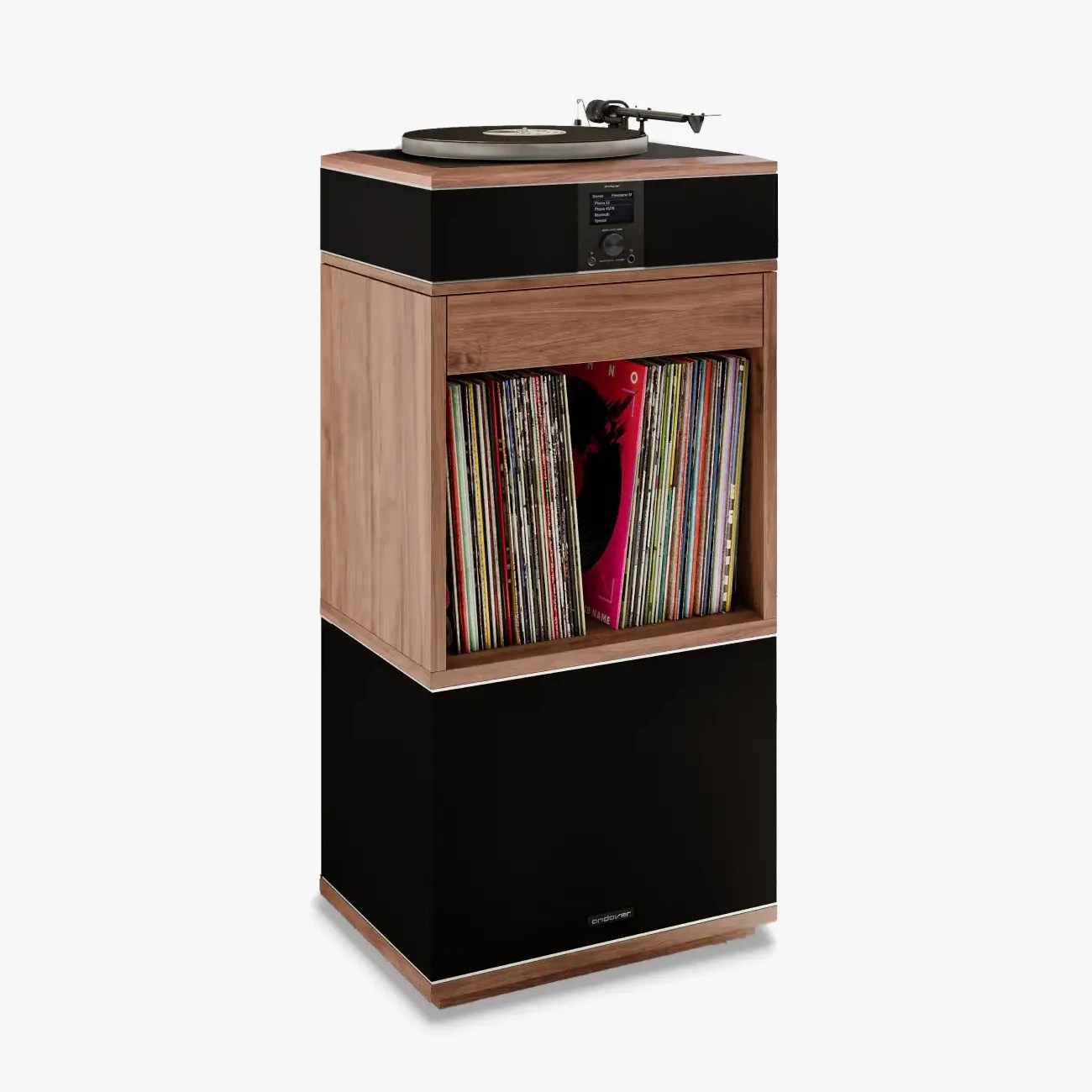 Wooden floor-standing record player with black speaker panels and vinyl records stored in the middle compartment.