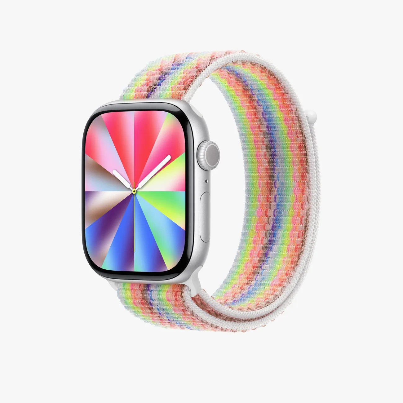 Silver smartwatch with a colorful woven nylon band in pastel rainbow stripes.