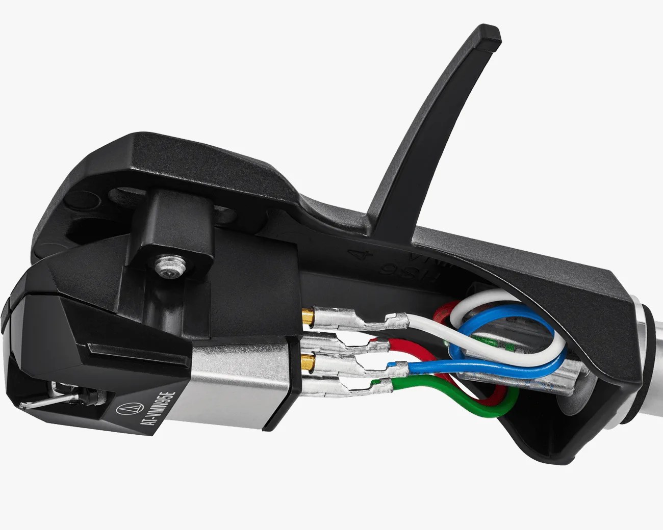 Close-up of a black Audio-Technica AT-VM95E turntable cartridge with exposed internal wiring.