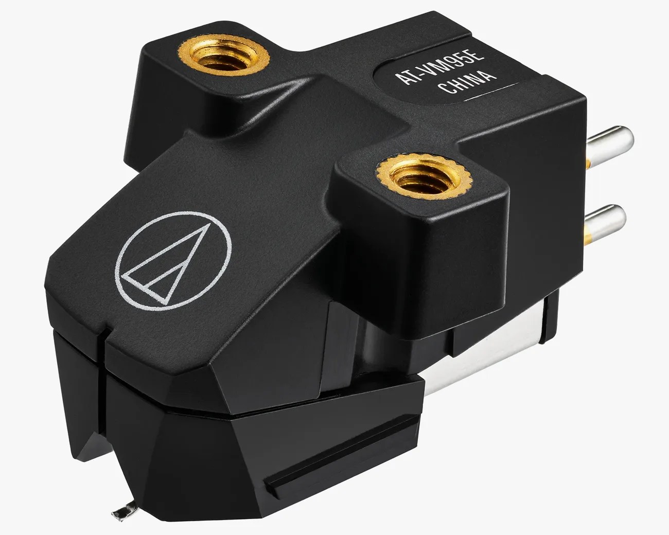 Black Audio-Technica AT-VM95E phono cartridge with gold screw inserts and silver pins.