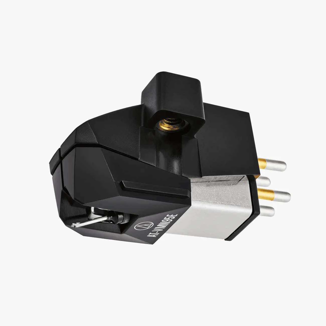 Black and silver Audio-Technica AT-VM95E phono cartridge with gold pins and stylus.