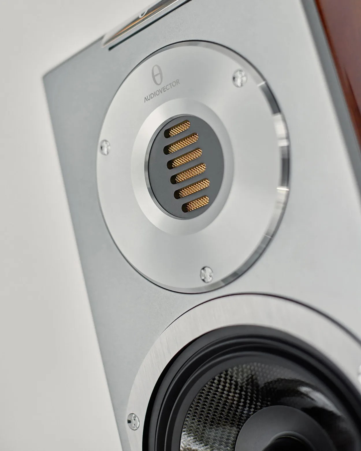 Close-up of silver Audiovector speaker with gold mesh tweeter and black woofer cone.