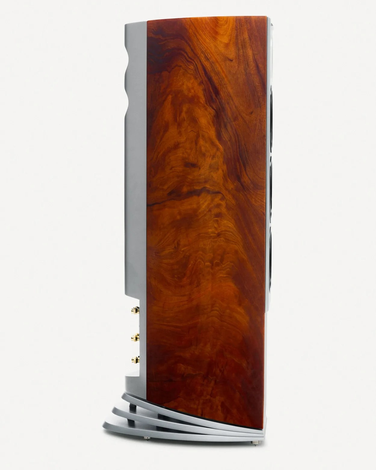 Tall speaker with a polished reddish-brown wood side panel and silver base with curved fins.