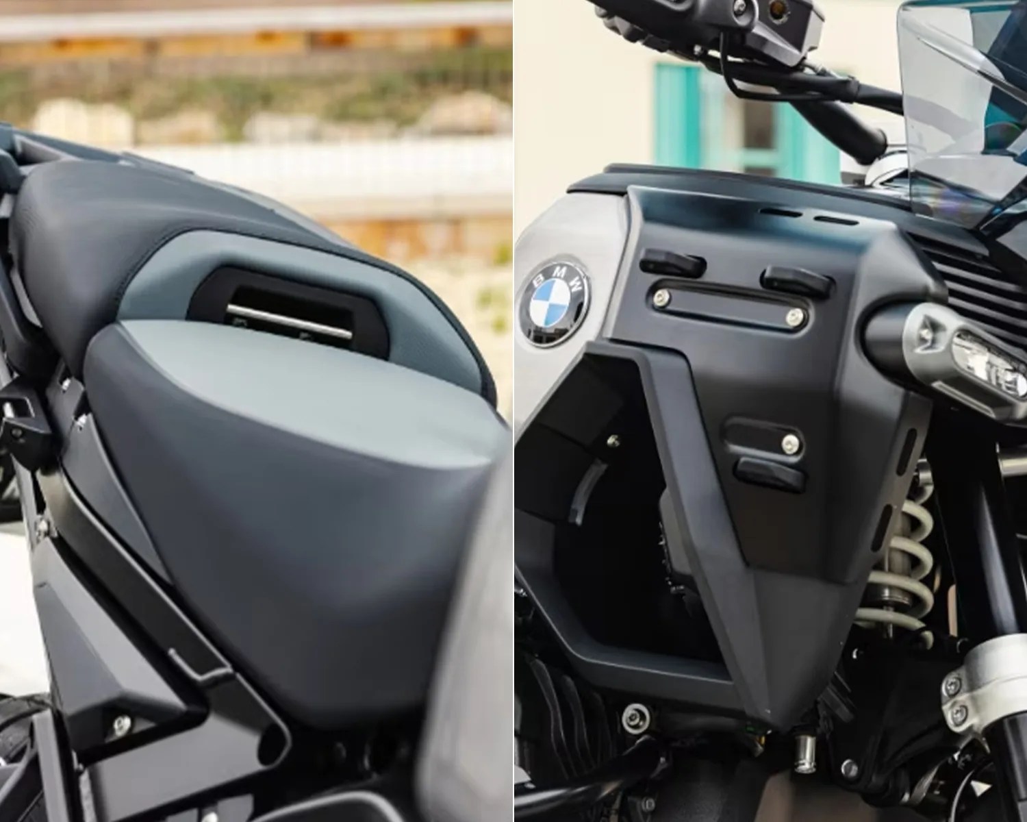Close-up of a black and gray motorcycle seat and a black motorcycle panel with a BMW logo and suspension spring visible.