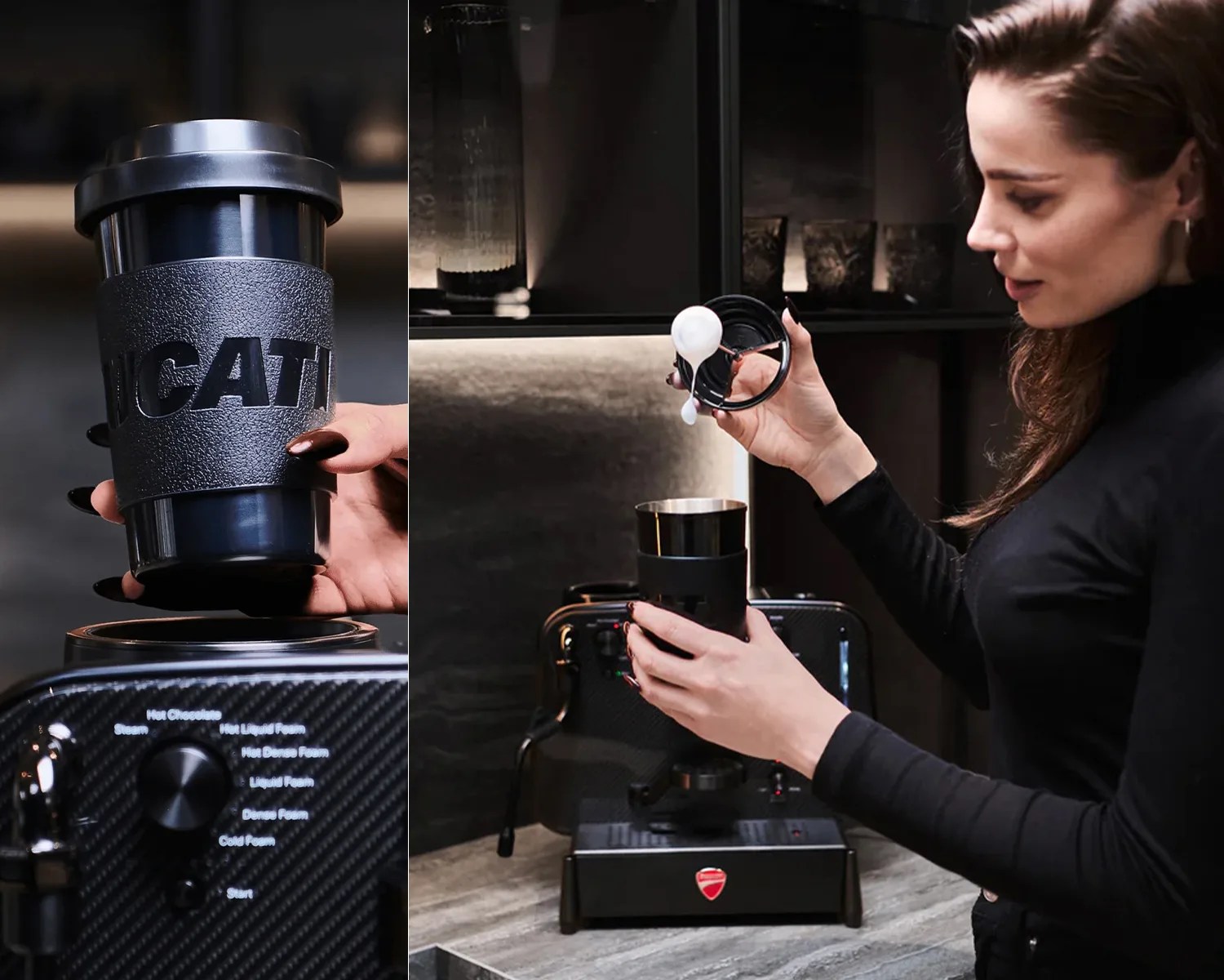 Woman using a black Ducati-branded milk frother with a black espresso machine on a kitchen counter.