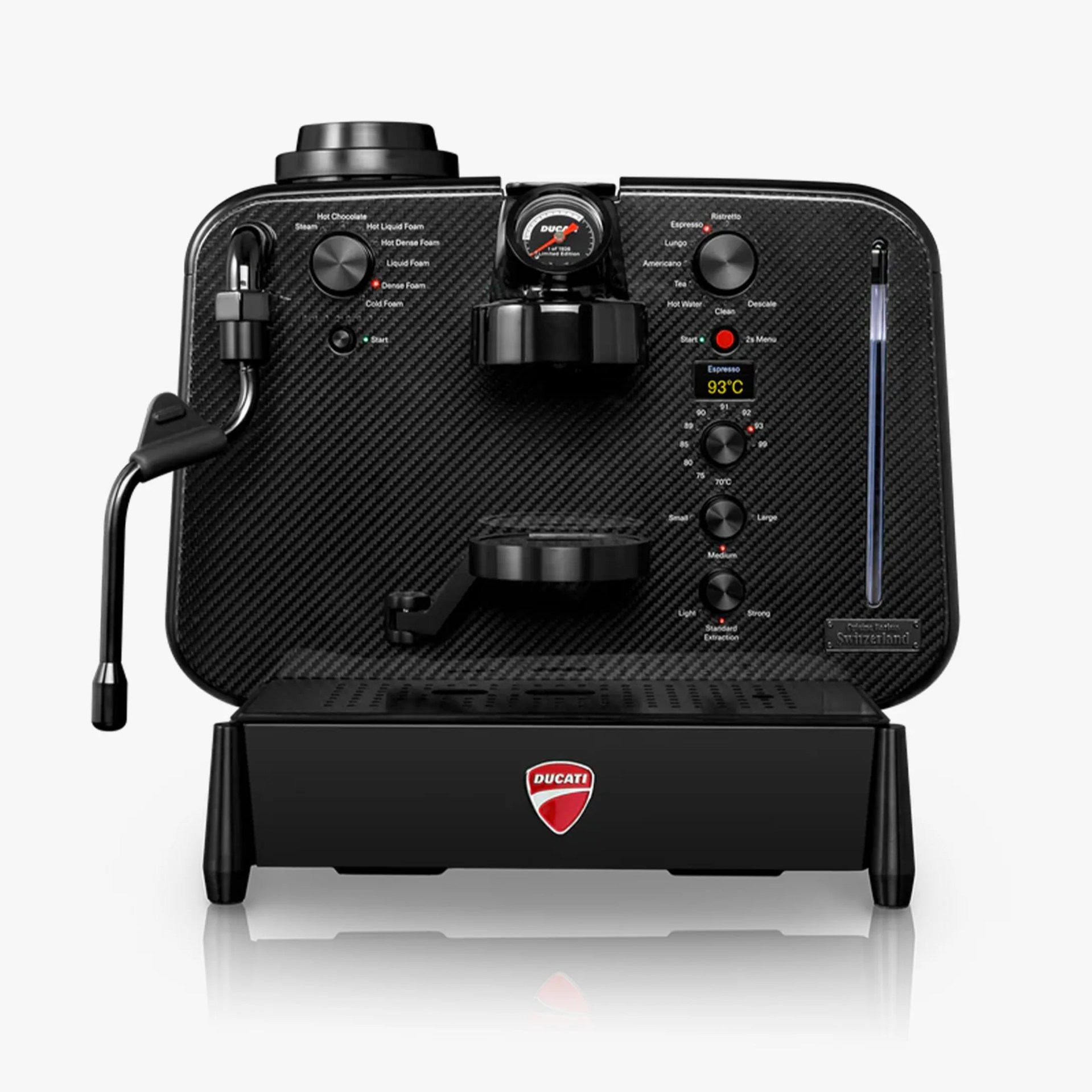 Black Ducati espresso machine with carbon fiber finish and multiple control knobs and gauges.