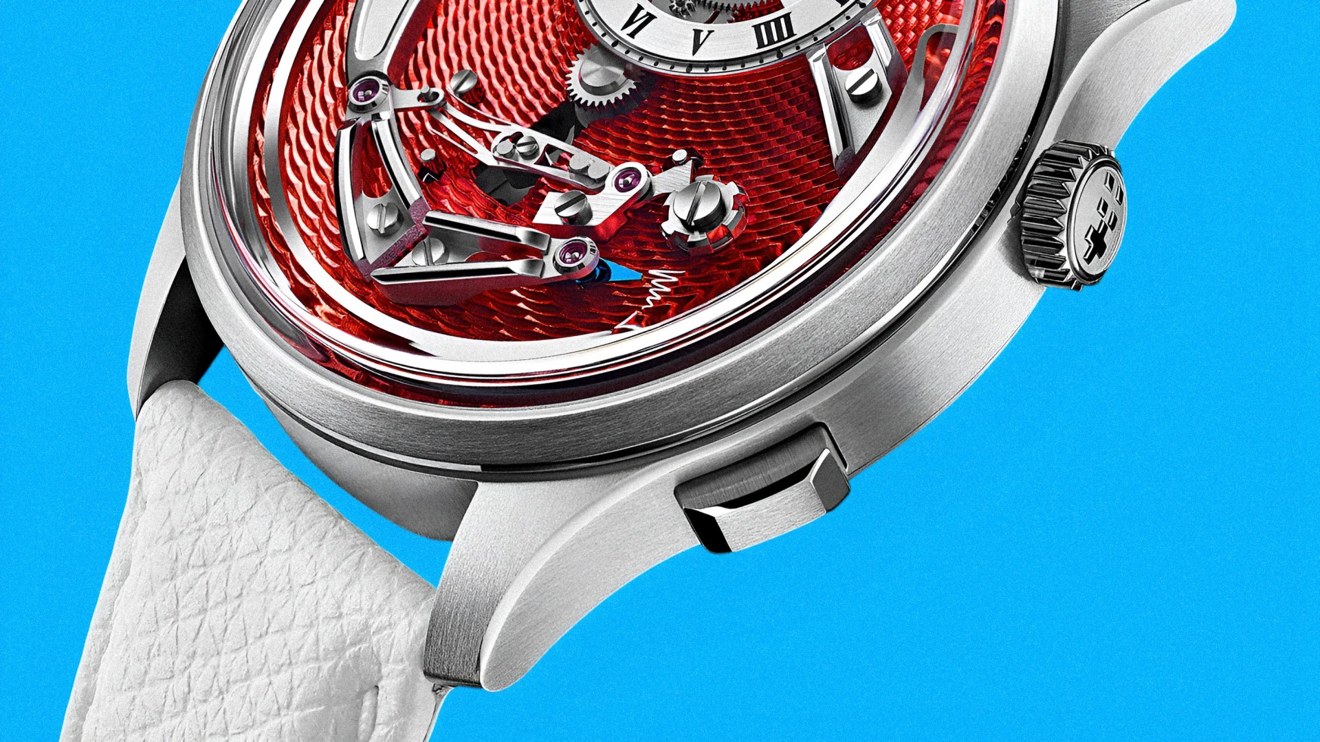 Close-up of a silver mechanical watch with a textured red dial and white leather strap against a blue background.