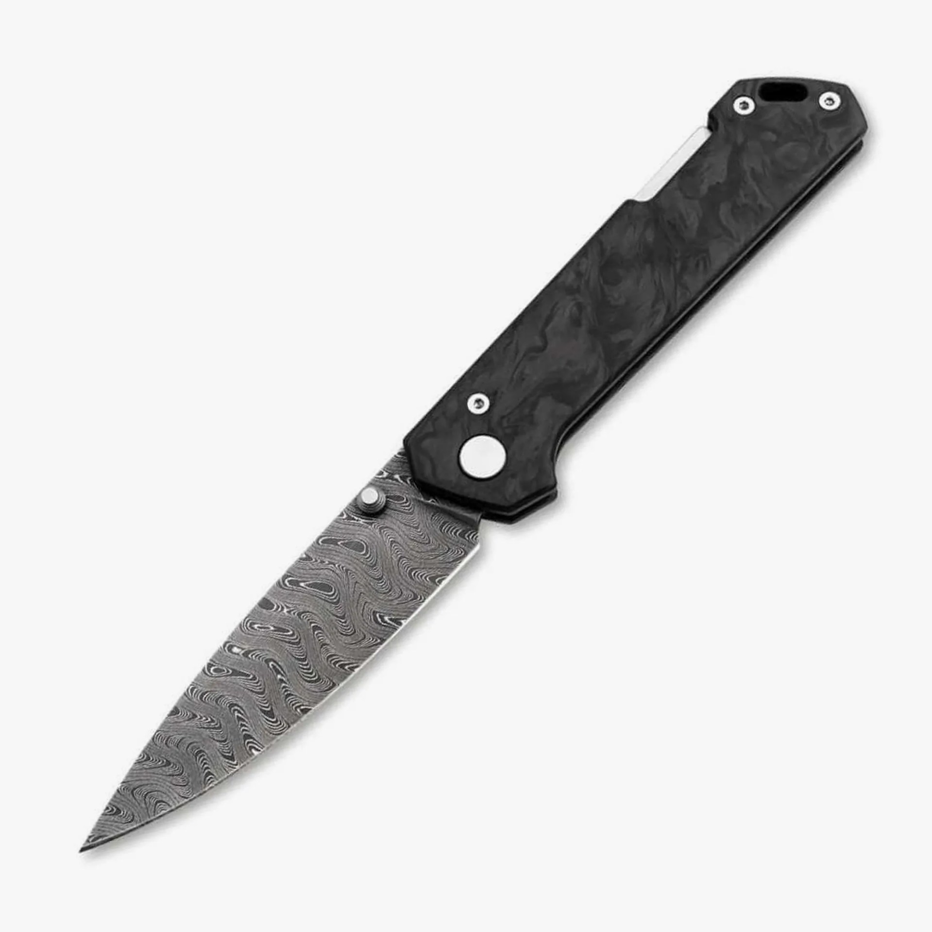 Folding knife with a black textured handle and a patterned Damascus steel blade.