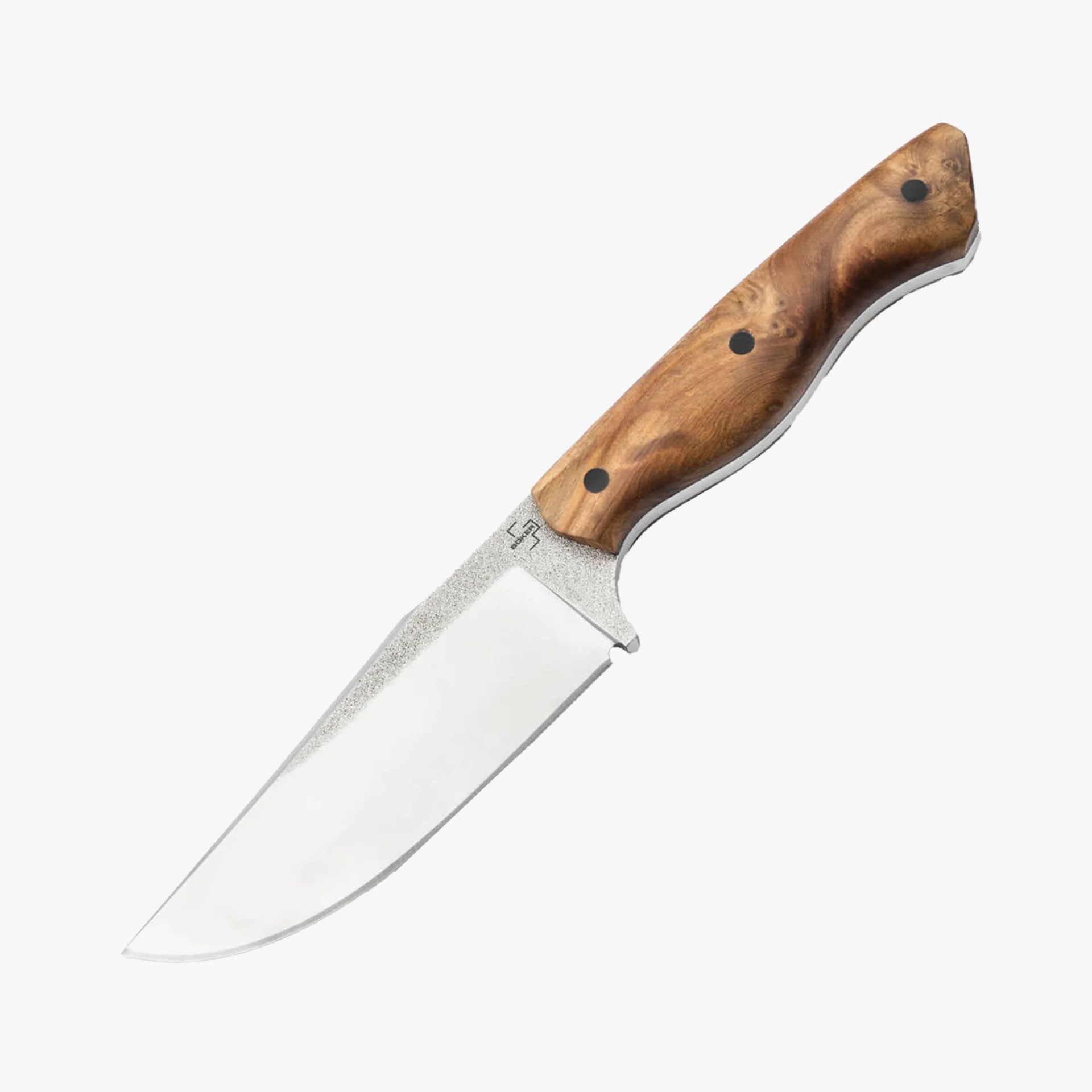 Knife with a polished steel blade and a wooden handle secured by three black rivets.