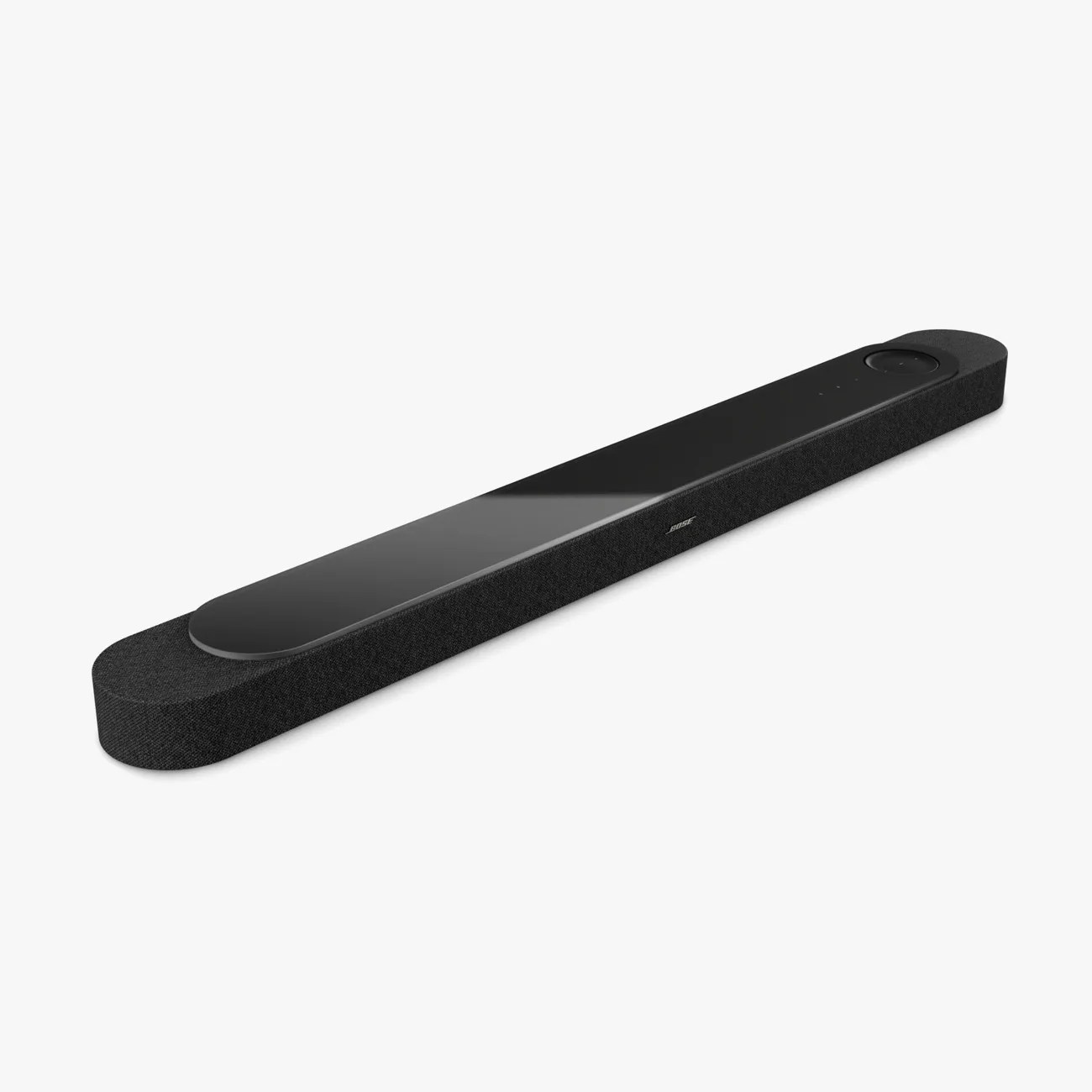 Long black Bose soundbar with fabric covering and glossy top panel on a white background.