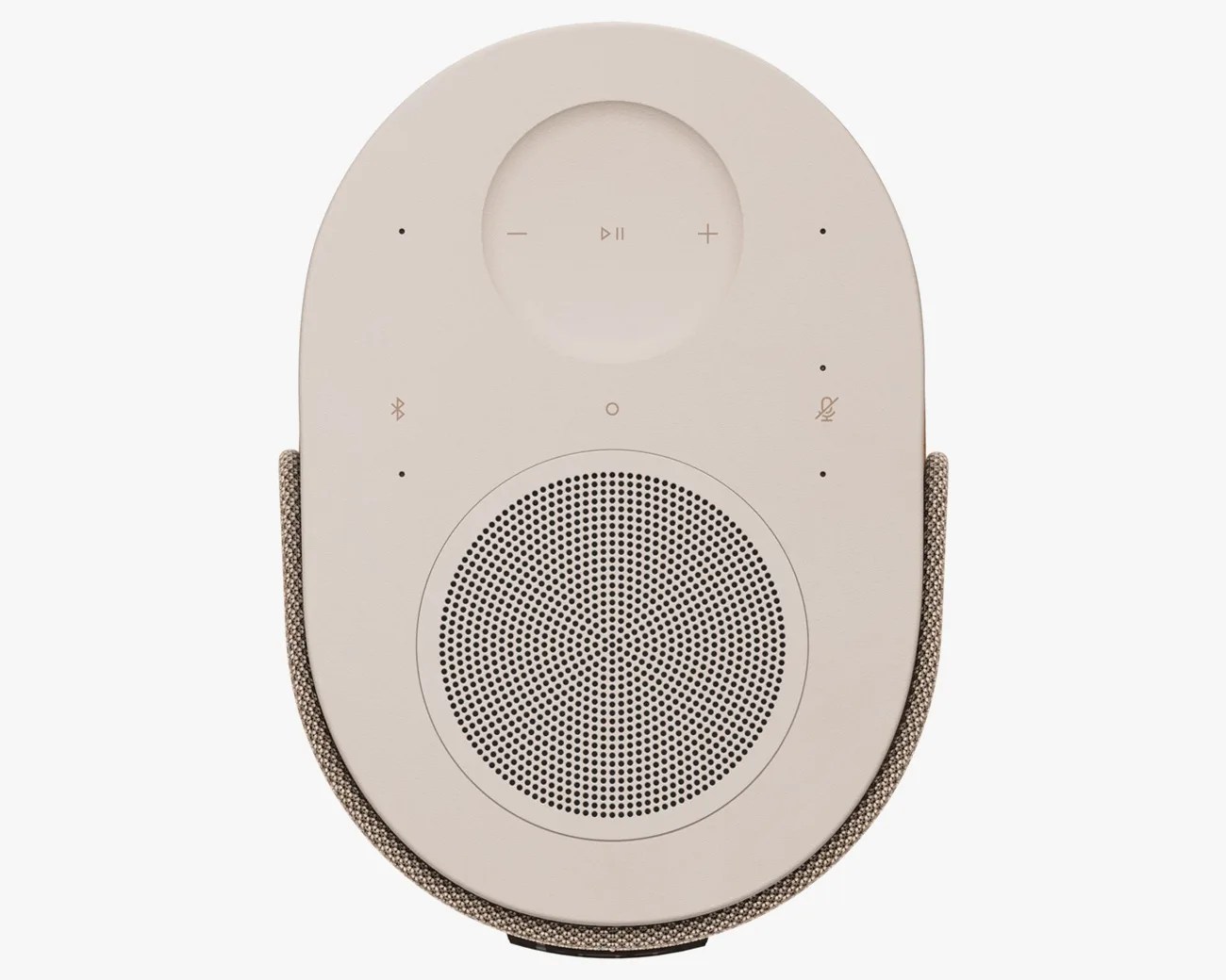 Beige oval Bluetooth speaker with circular speaker grille and fabric handle.