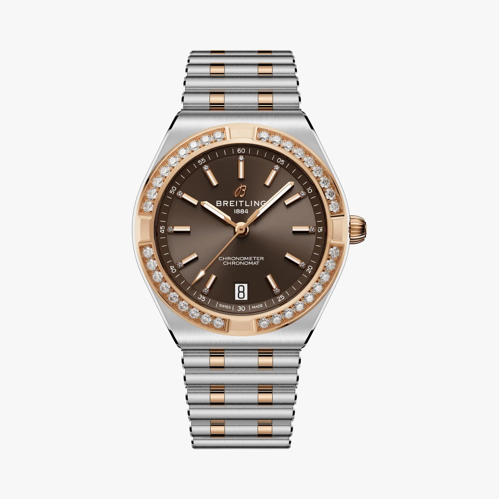 Two-tone Breitling Chronomat watch with a brown dial, diamond bezel, and stainless steel and rose gold bracelet.