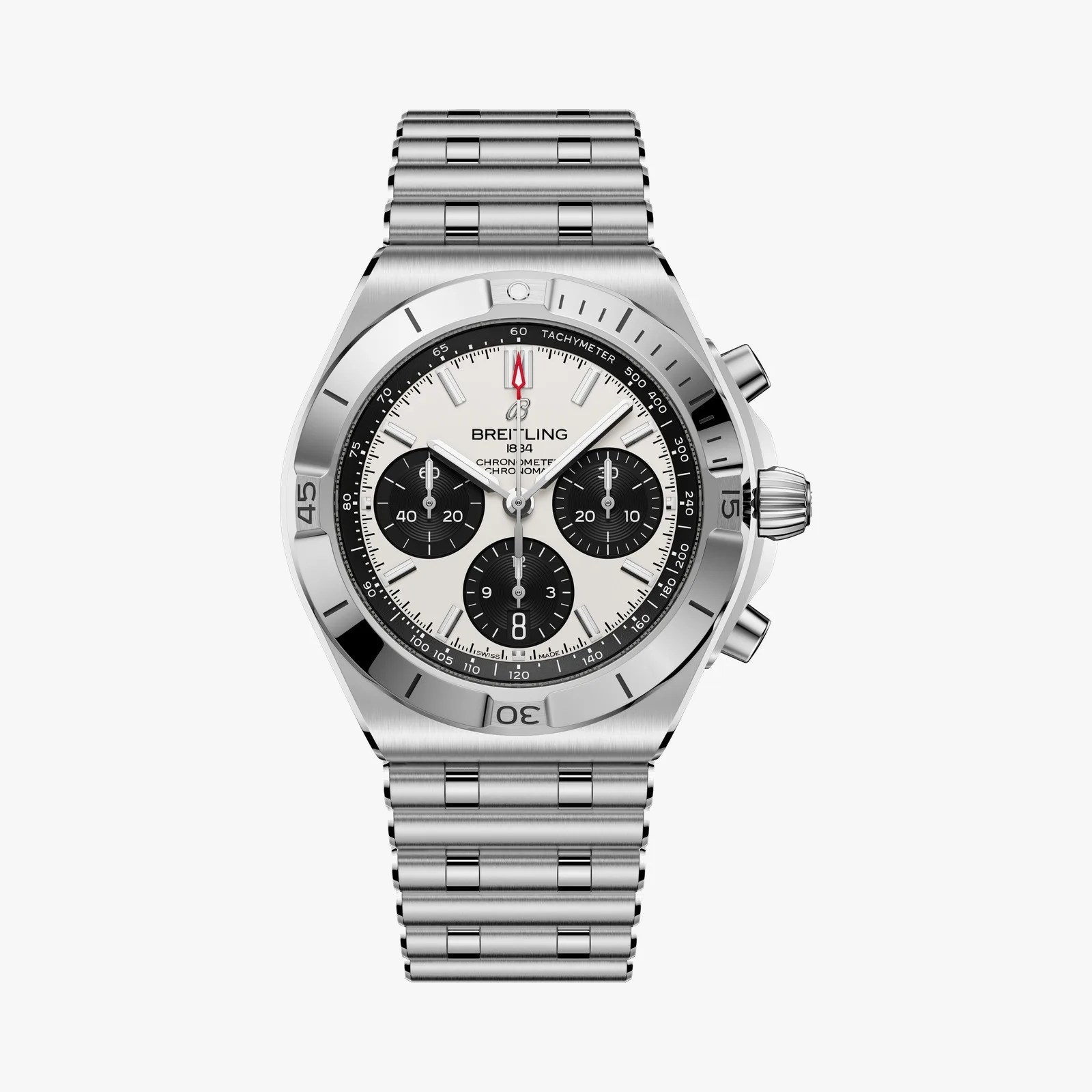 Stainless steel Breitling chronograph watch with white dial, black subdials, tachymeter scale, and metal bracelet.