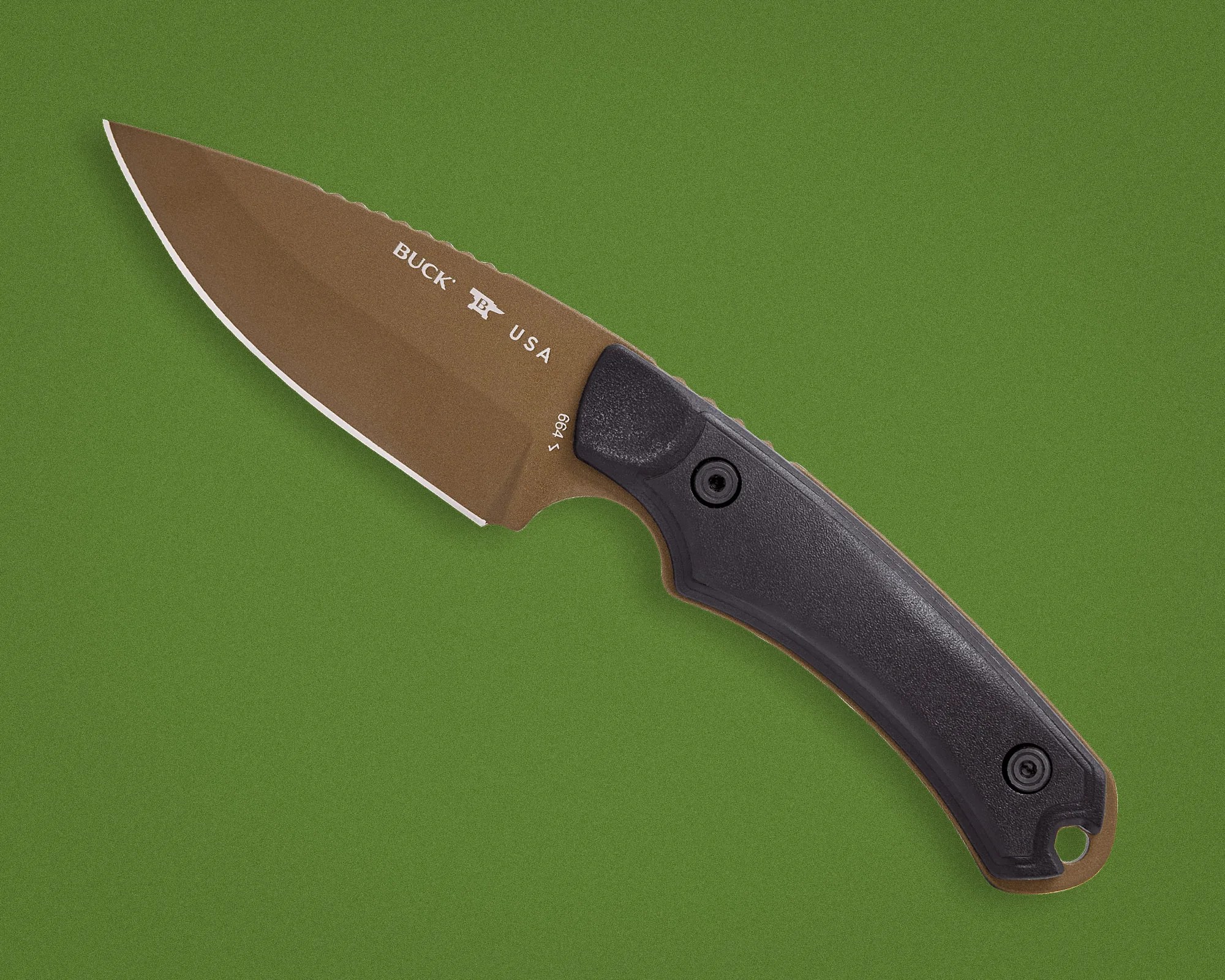 Brown Buck USA knife blade with black textured handle on green background.