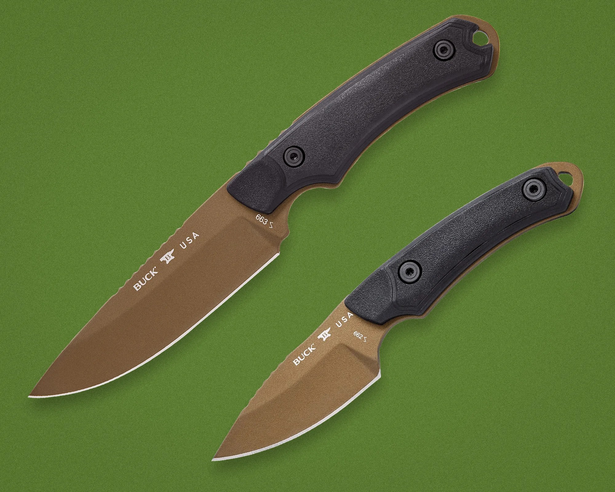 Two brown fixed-blade knives with black textured handles on a green background.
