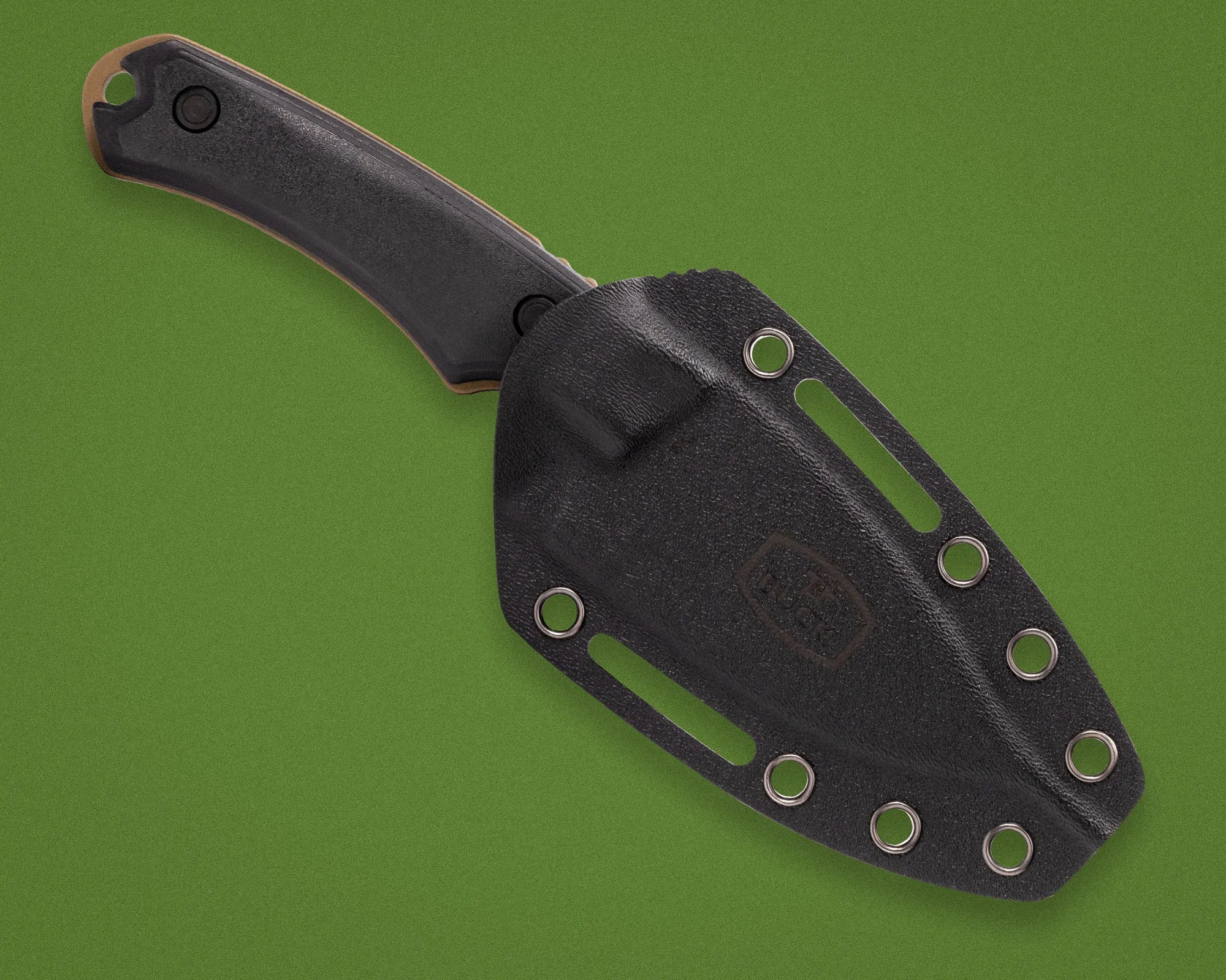 Black knife handle partially visible inside a black textured sheath with metal rivets on a green background.