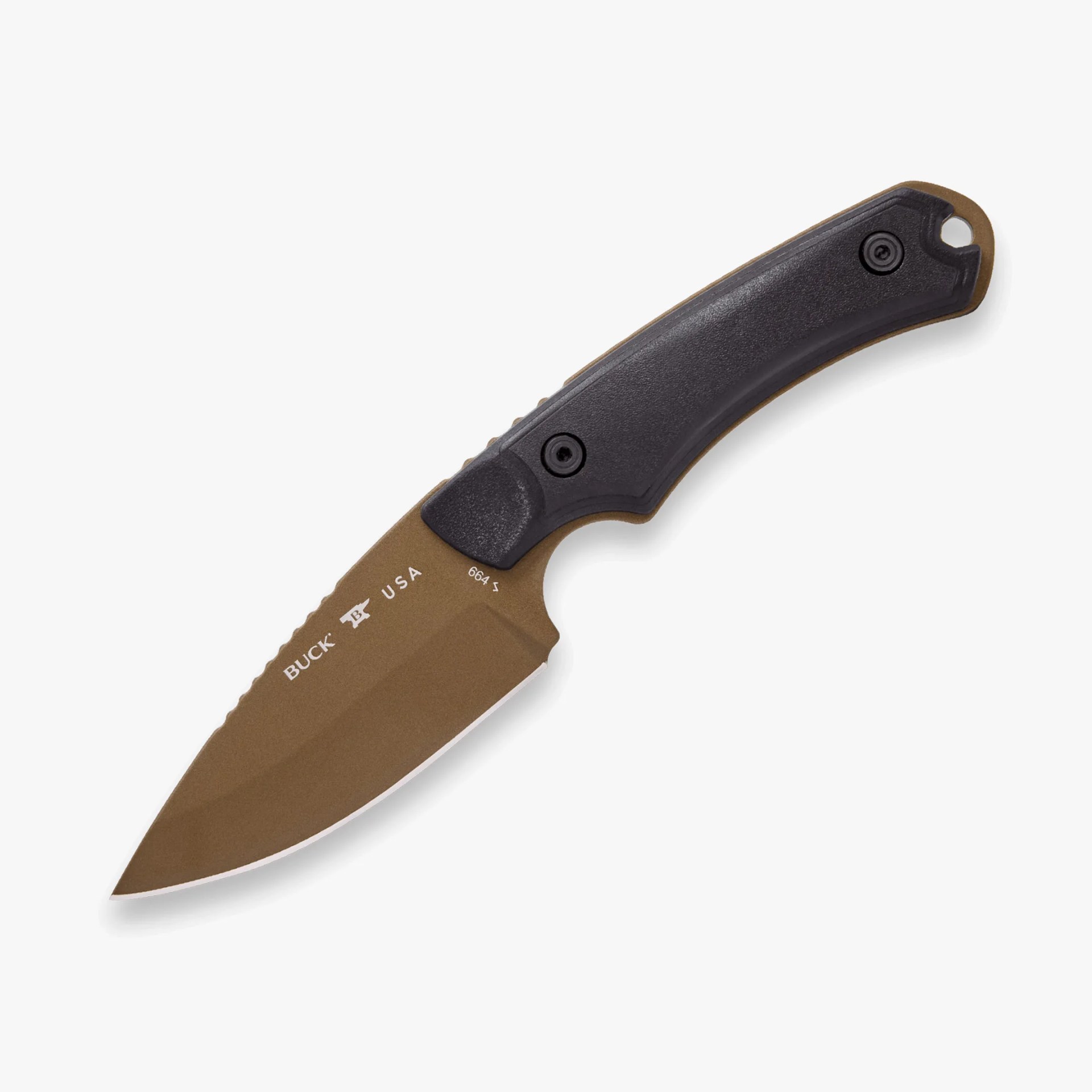 Brown fixed blade knife with black textured handle and partially visible "BUCK USA" logo on blade.
