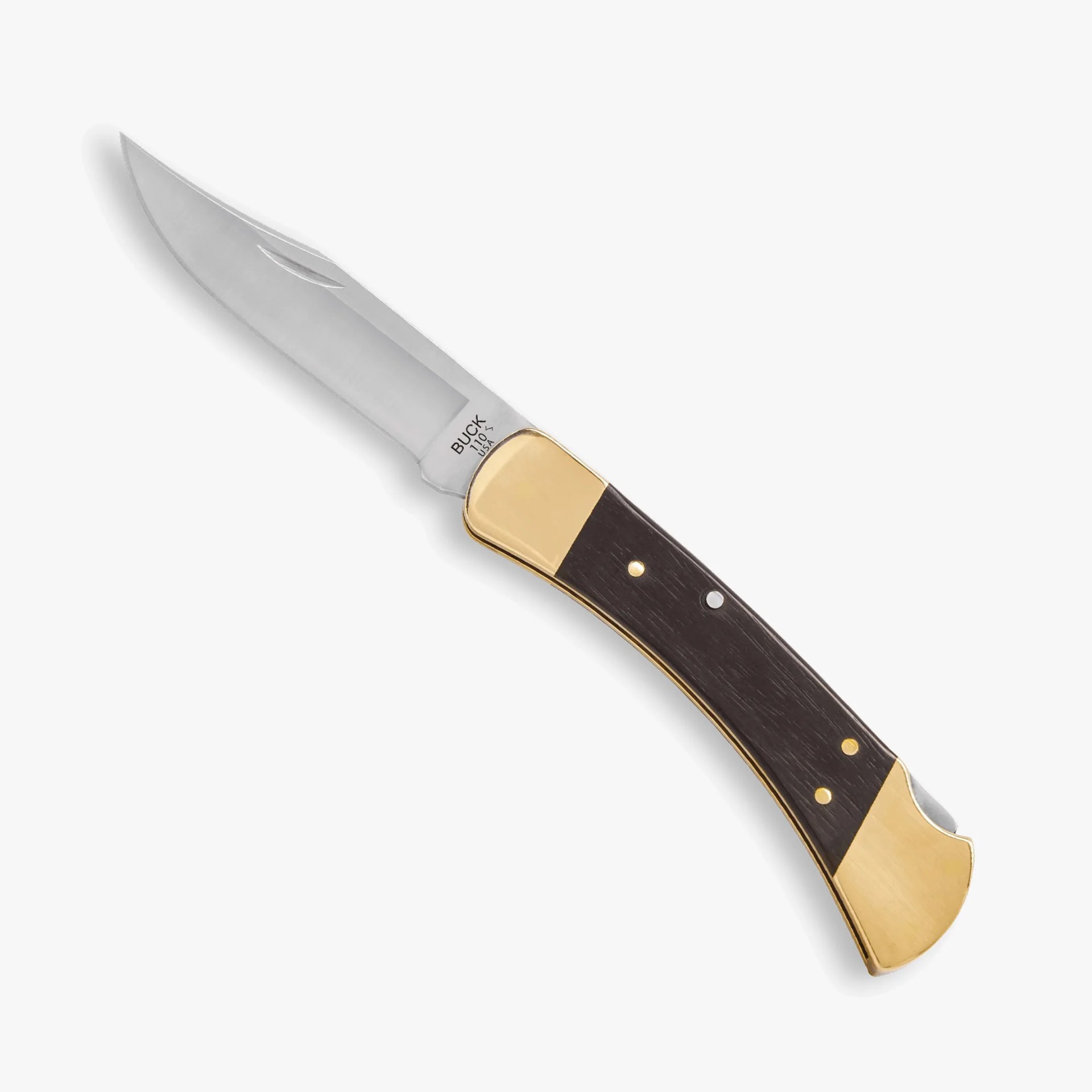Folding knife with polished stainless steel blade, brass bolsters, and dark wooden handle.