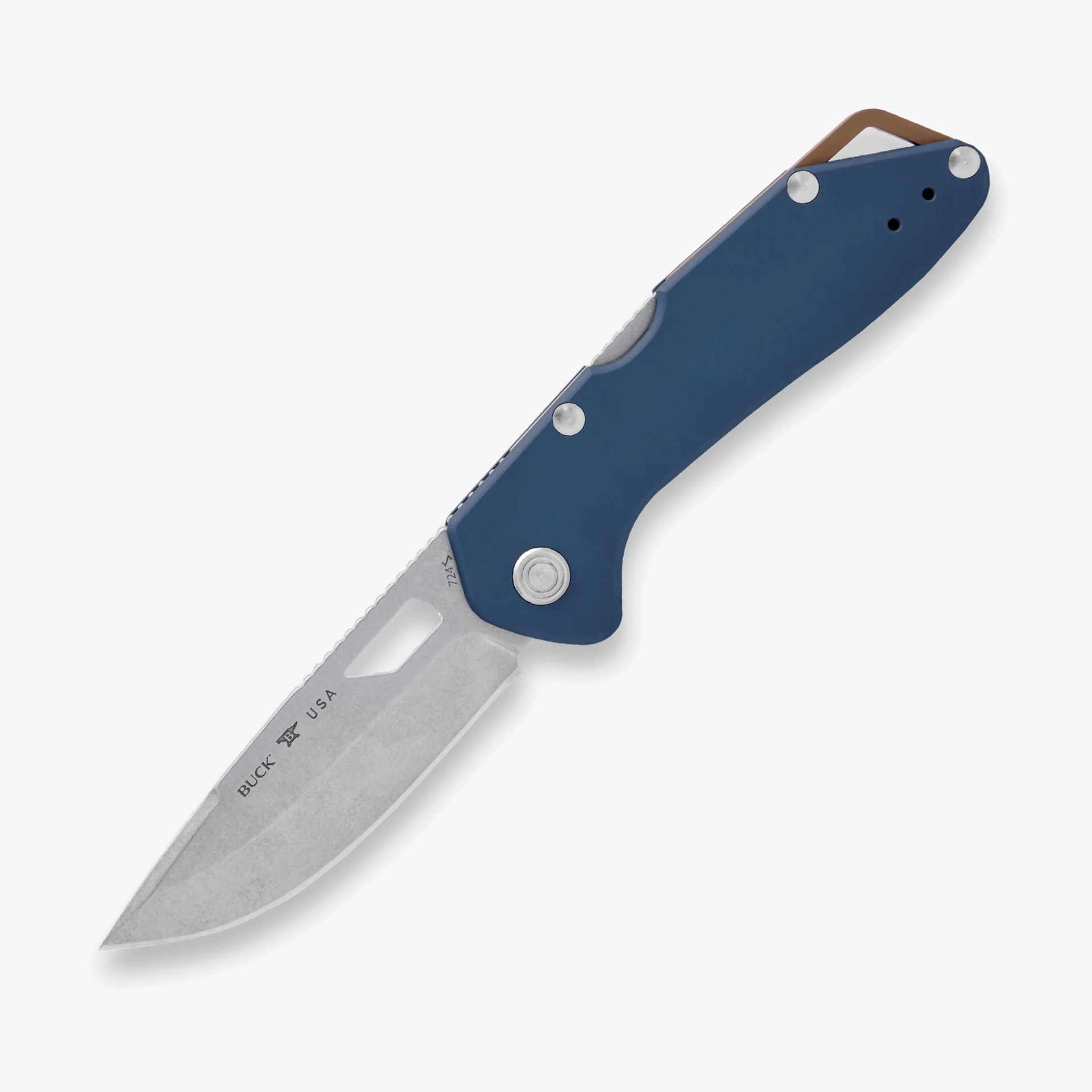 Folding knife with a stonewashed steel blade and a blue handle featuring a brown clip.