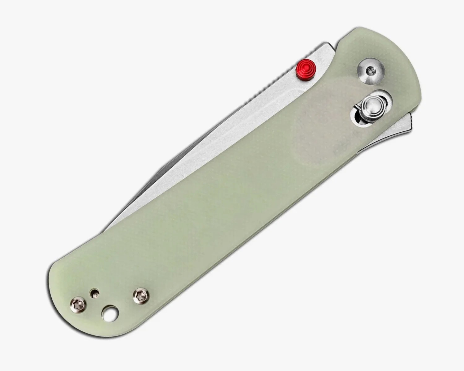 Closed folding knife with a pale green handle and a visible red thumb stud.