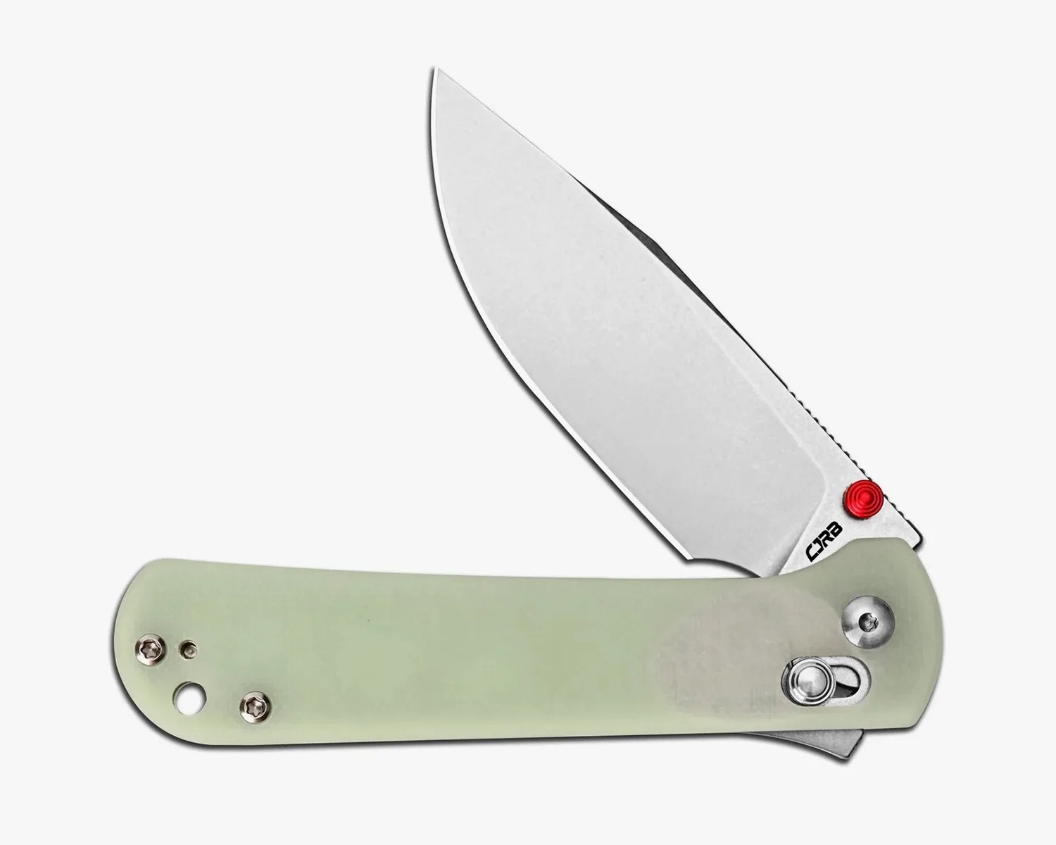 Folding knife with a partially open silver blade and a light green handle featuring a red thumb stud and metal screws.