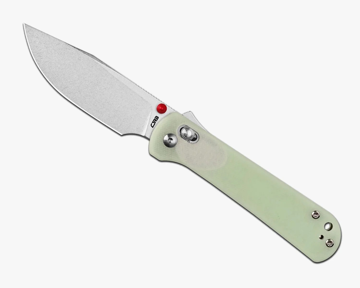 Folding knife with a stonewashed blade and a translucent pale green handle featuring a red thumb stud.