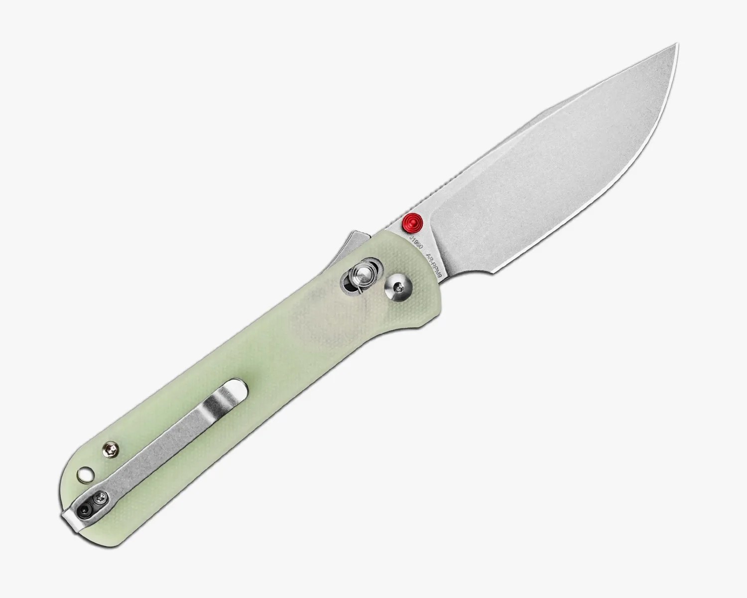 Folding knife with a stonewashed blade and a translucent pale green handle featuring a metal pocket clip.
